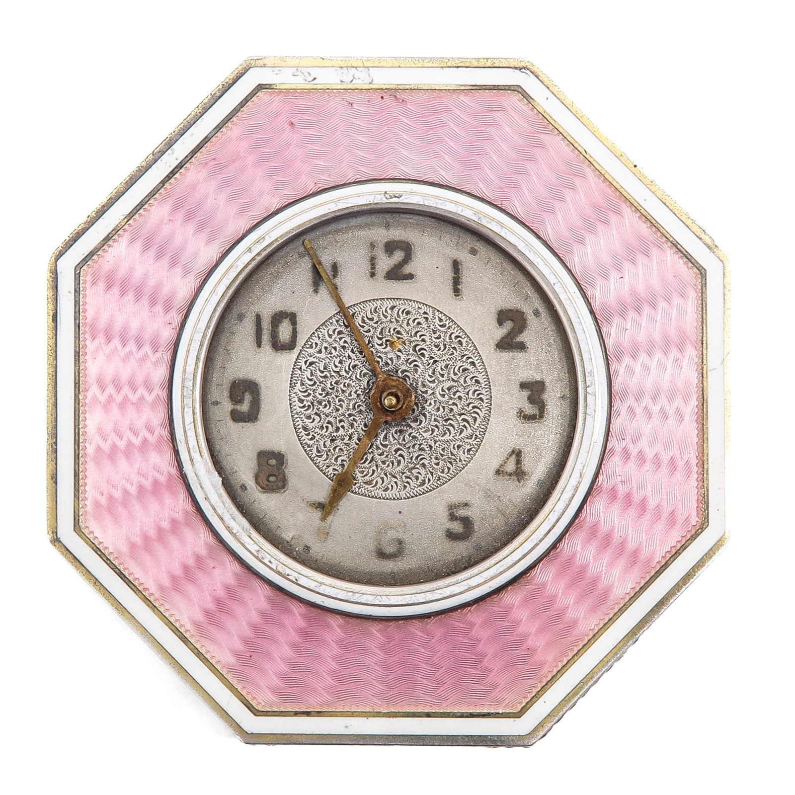 A Travel Clock: with pink guilloche enamel