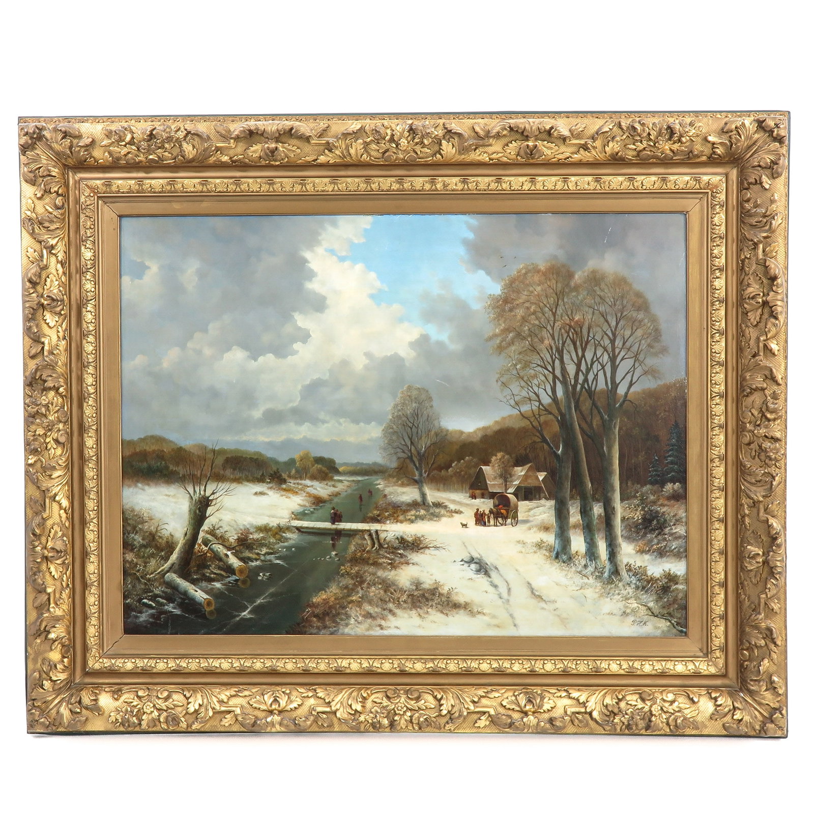 An Oil on Panel Painting: oil on panel, snow landscape with figures and a horse and cart, signed P.h.k., 99 x 73 cm.