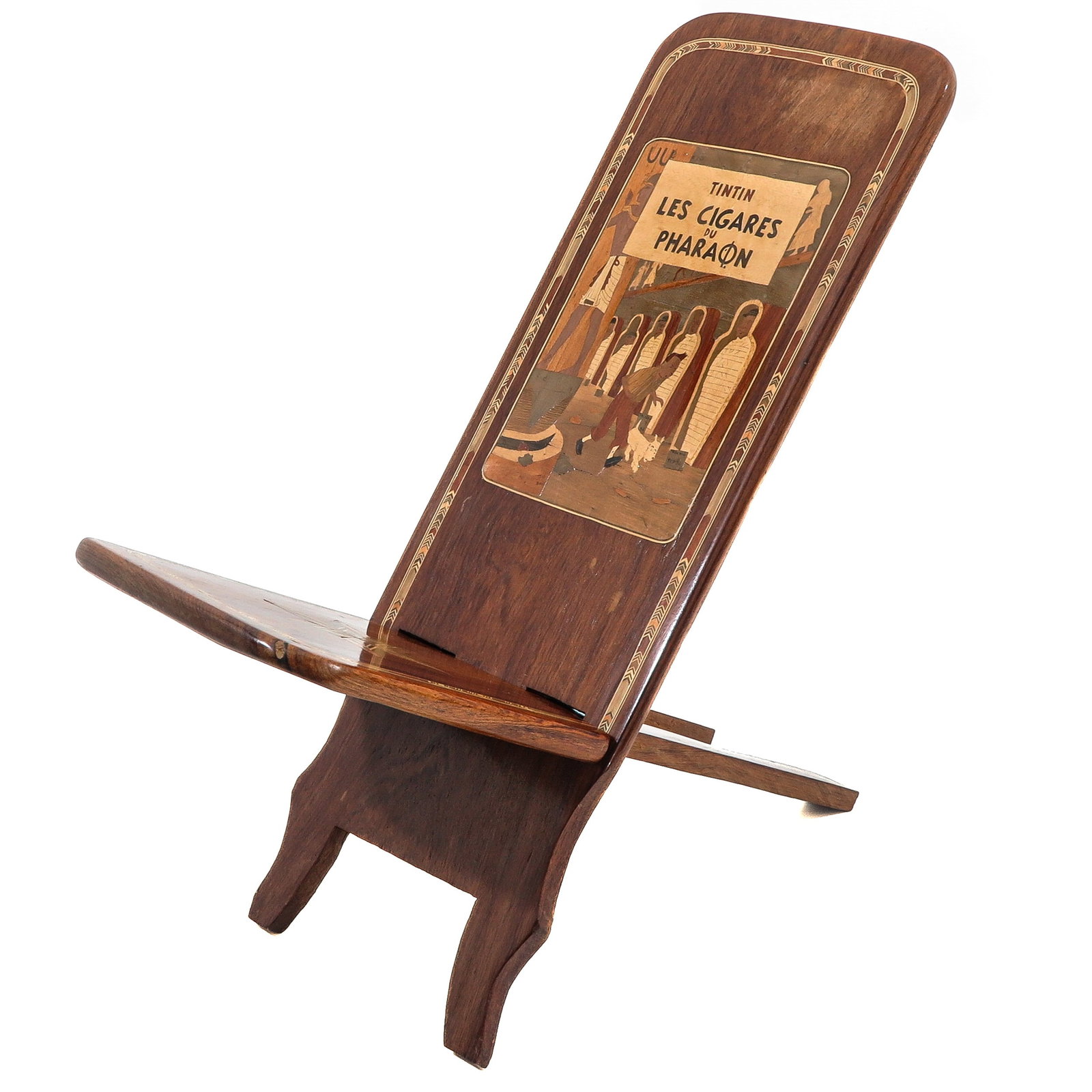 A Chair: with marquetry inlay depicting Les Cigares du Pharaon, from the adventures of Tintin, height 62 cm.