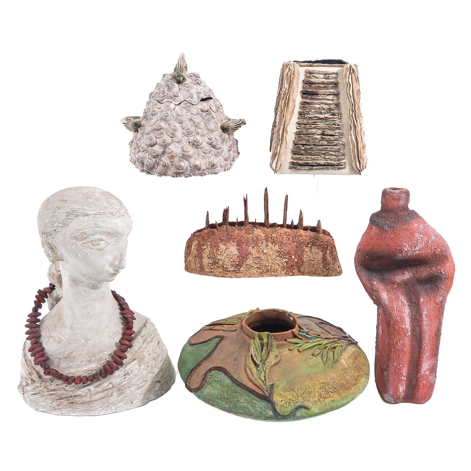 A Group of Art Work: of 6 ceramic and mixed-media objects, consisting of a bust of a woman with necklace, a leaf vase by Digna Blaauw, paper work by Nynke van Amersfoort, Slakkenpot met Snoek by Wietske van Leeuwen, ceram