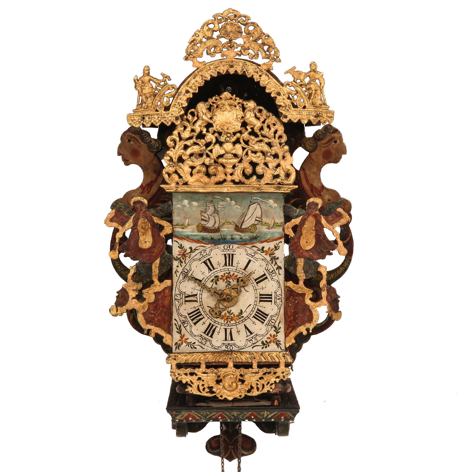 A Frisian Wall Clock: with painted dial, depicting sailing ships, height 80 cm.