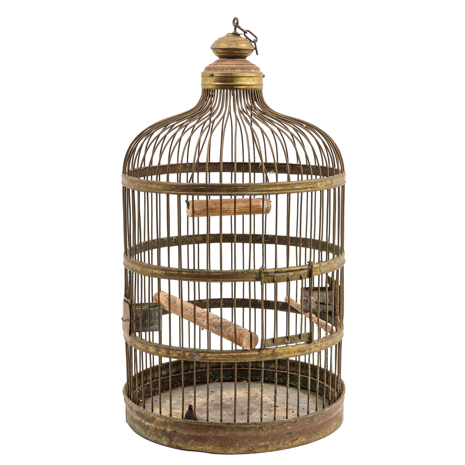 A Bird Cage: copper with perches, feeding bowls and a swing, height 81 cm.
