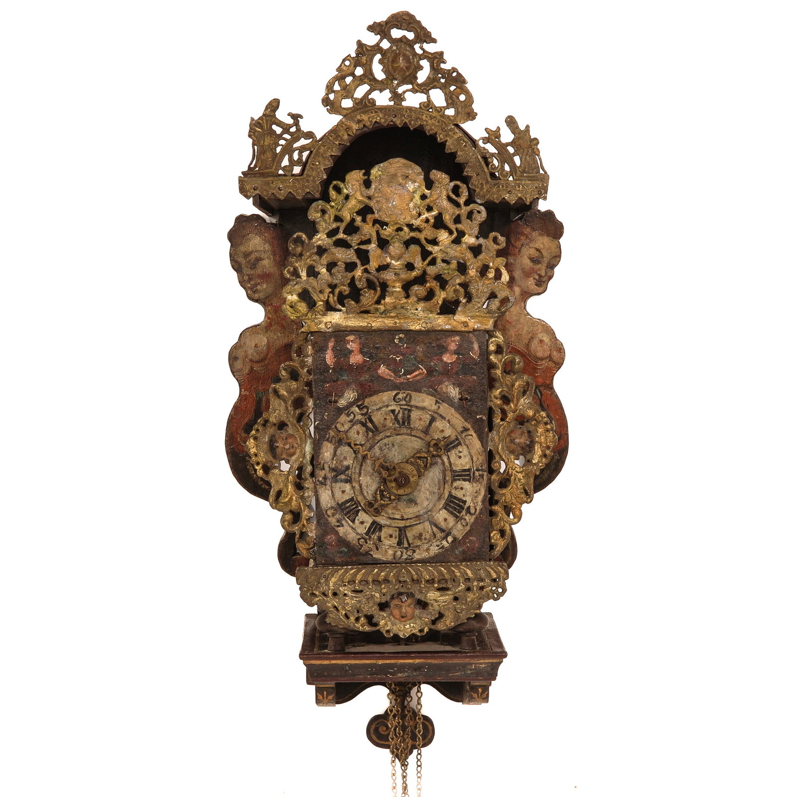 A Frisian Wall Clock: with painted dial, depicting ladies, height 77 cm.