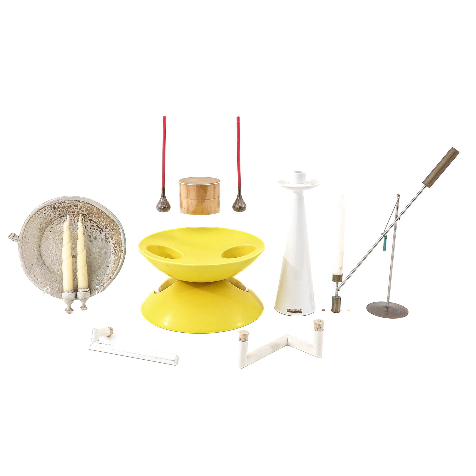 A Group of Design Objects: consisting of design objects, including example no. 100 of the Kantelaar, a candlestick by Sebastiaan Vos, executed in copper, bronze, brass and stainless steel, tallest 40 cm.