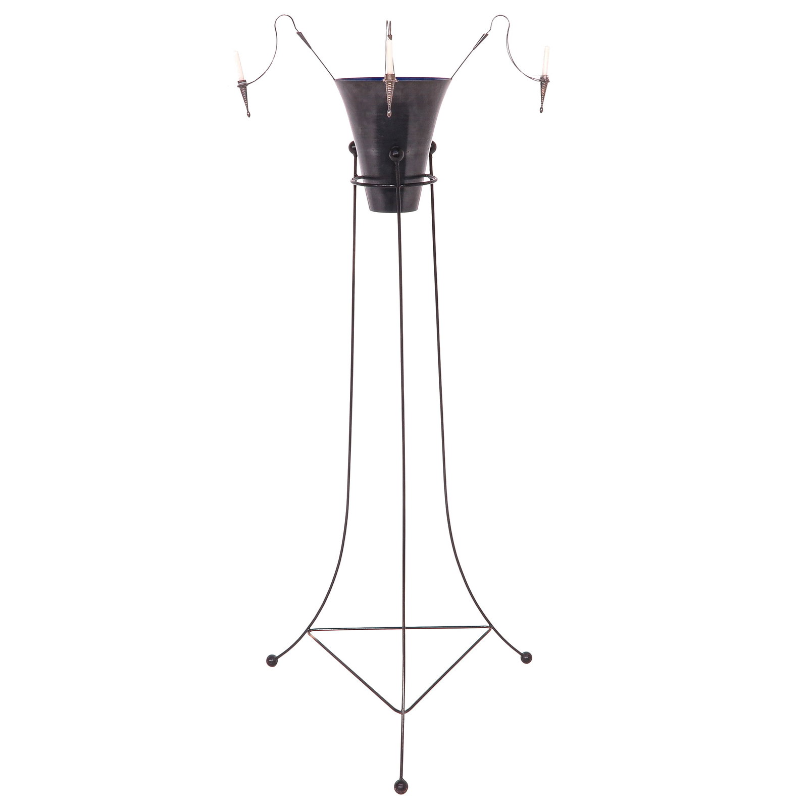 A Floor Lamp: metal, with bucket-shaped shade and three candle-shaped light points, height 178 cm.