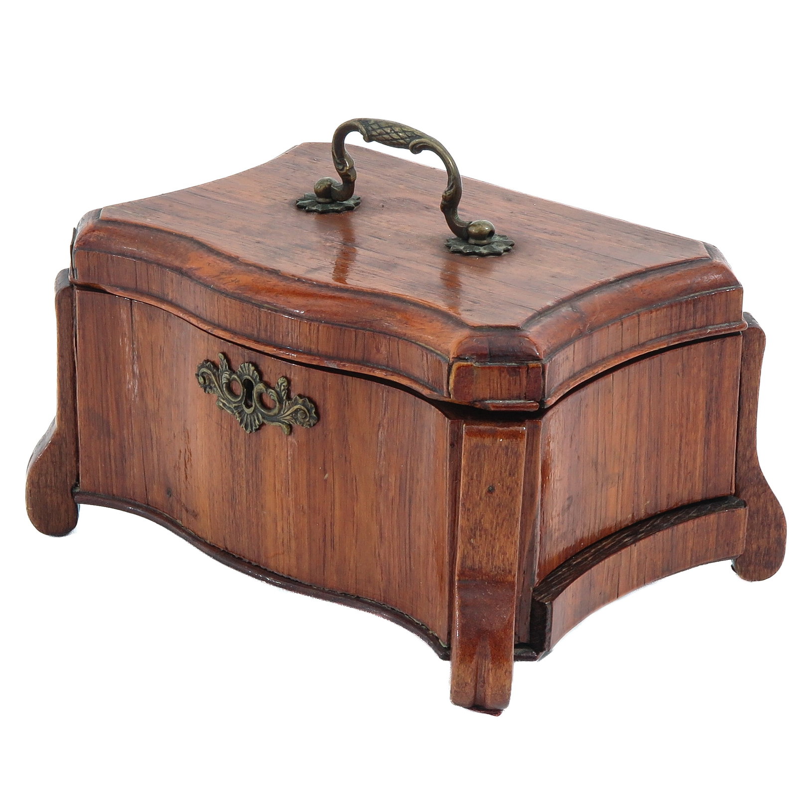 A Tea Caddy: bent wood, with brass fittings, fitted with a handle and secret drawer, 24 x 14 x 18 cm.