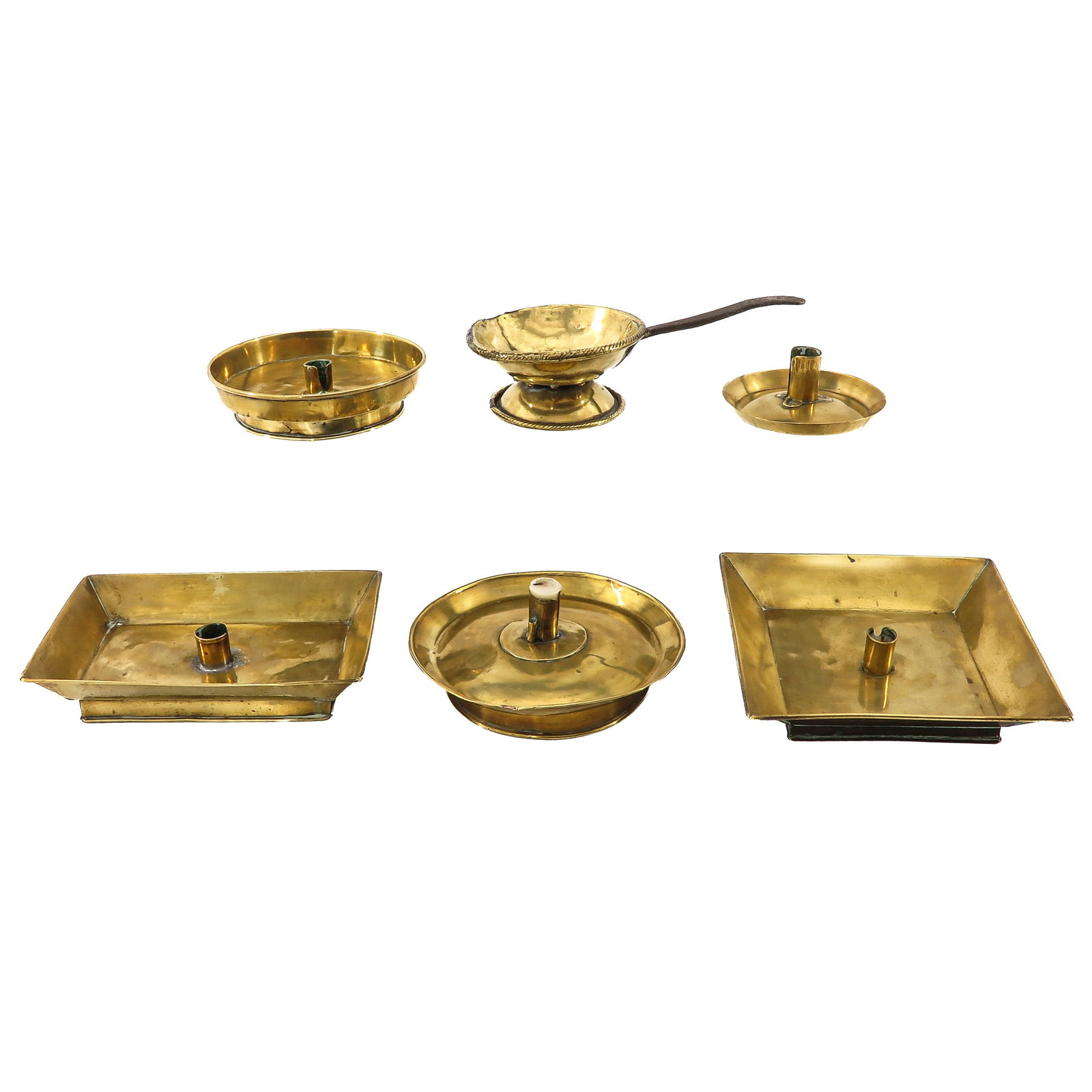 A Group of Candlesticks: consisting of 5 candlesticks and a brazier, including 18th century, longest 23 cm.