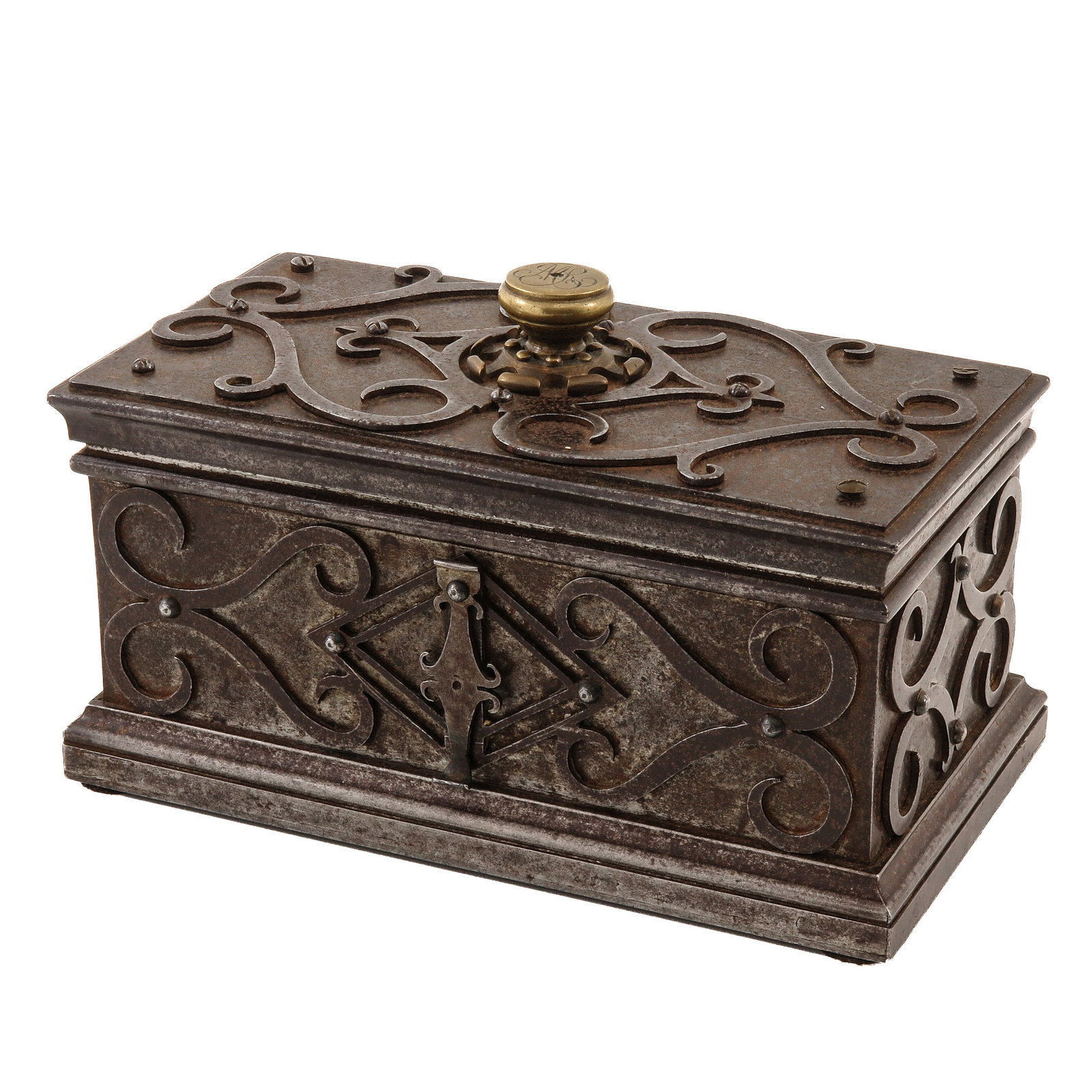 A Money Chest: iron, decorated with wrought ironwork, 18th / 19th century, 21 x 11 x 13 cm.