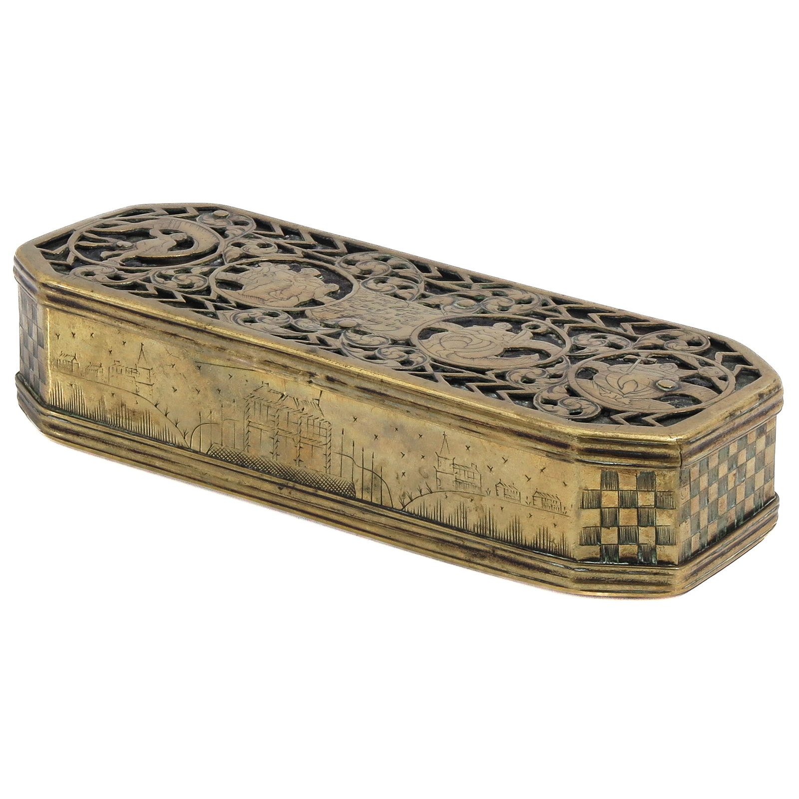 A Tobacco Box: copper, 18th century, with engraved text and Biblical depictions, length 15 cm.
