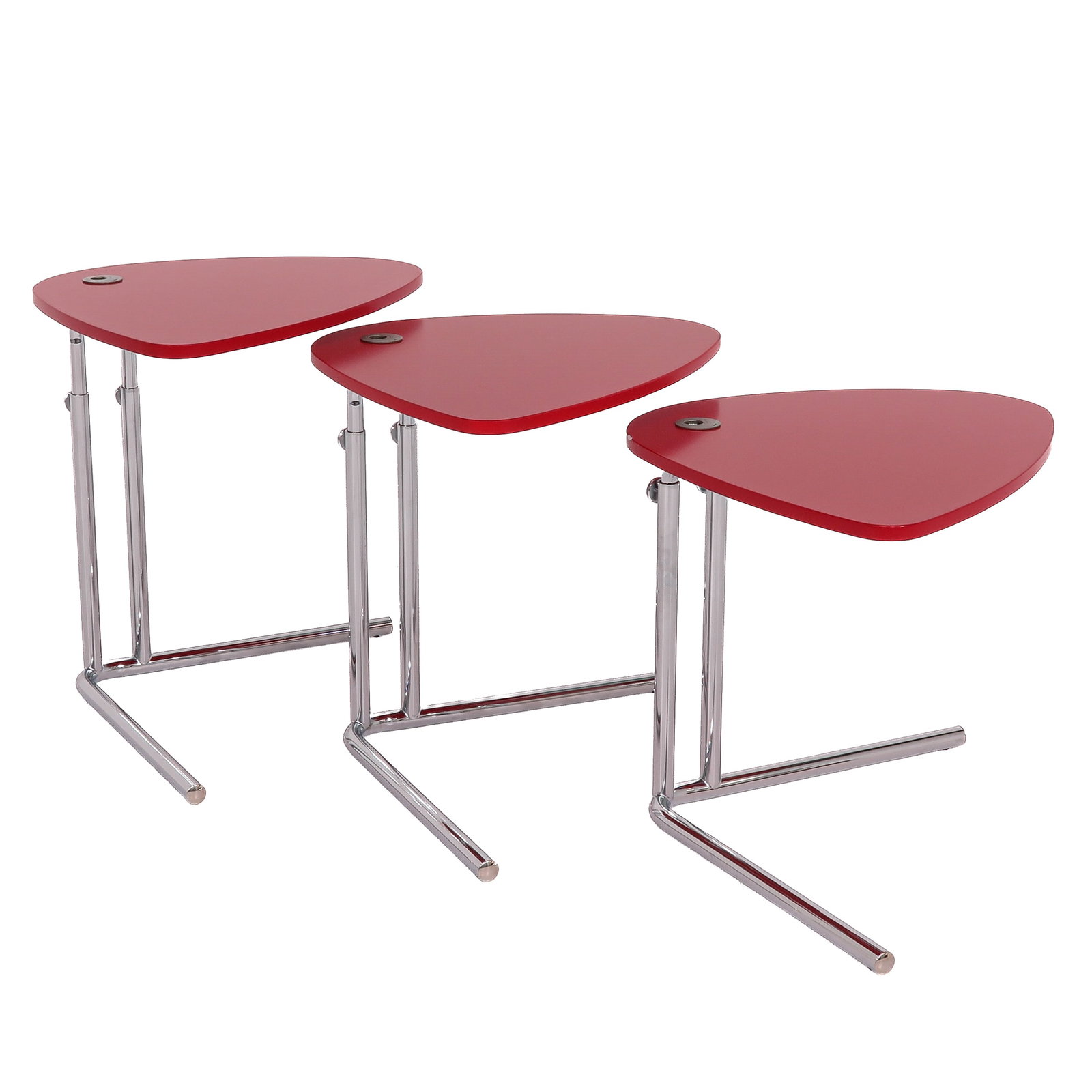 A set of Tecta K22L Side Tables: of 3 Tecta K22L side tables, executed with a height-adjustable top in red lacquer, 60 x 54 x 46 cm.