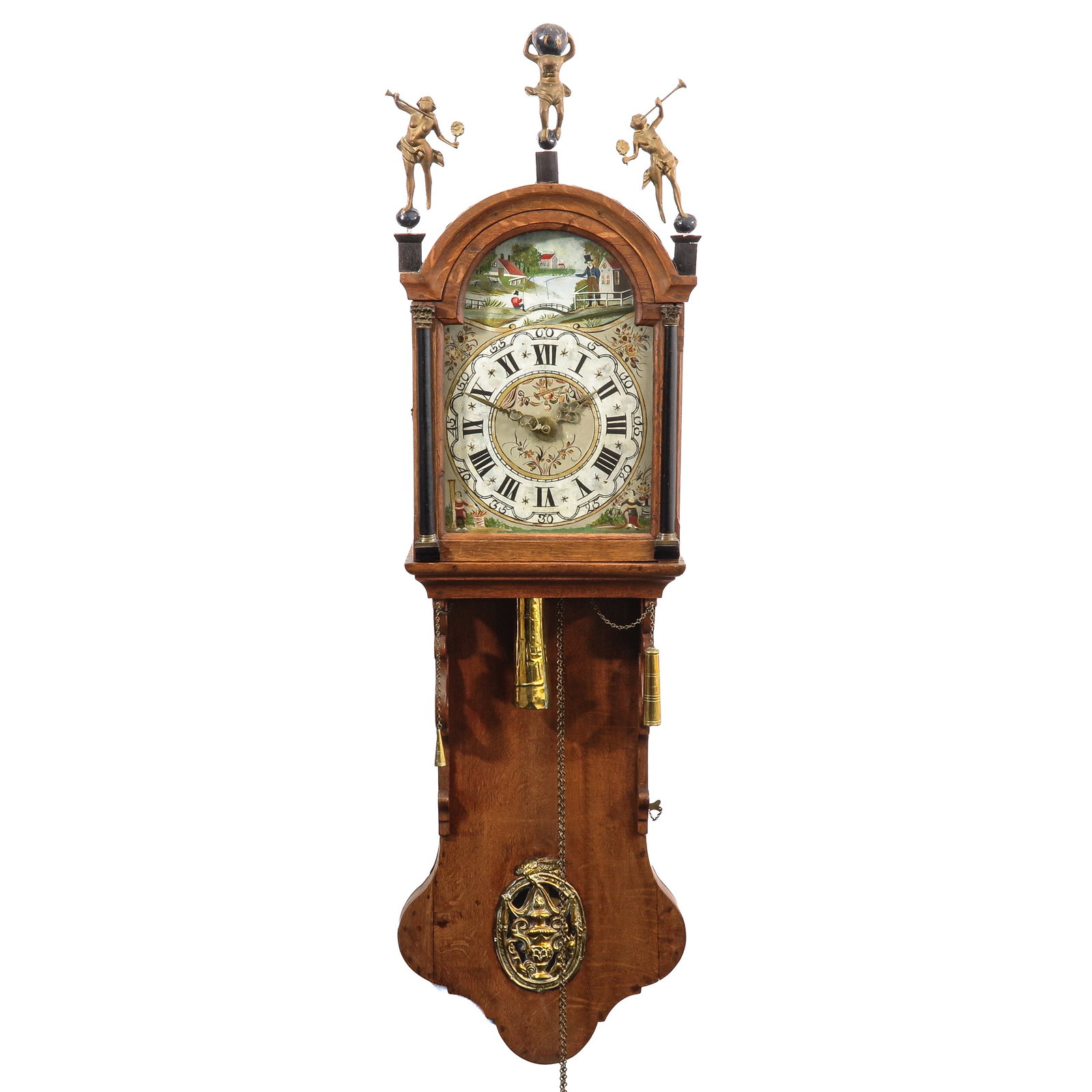 A Dutch Wall Clock: Friesland, painted depiction with figures on the water, height 140 cm.