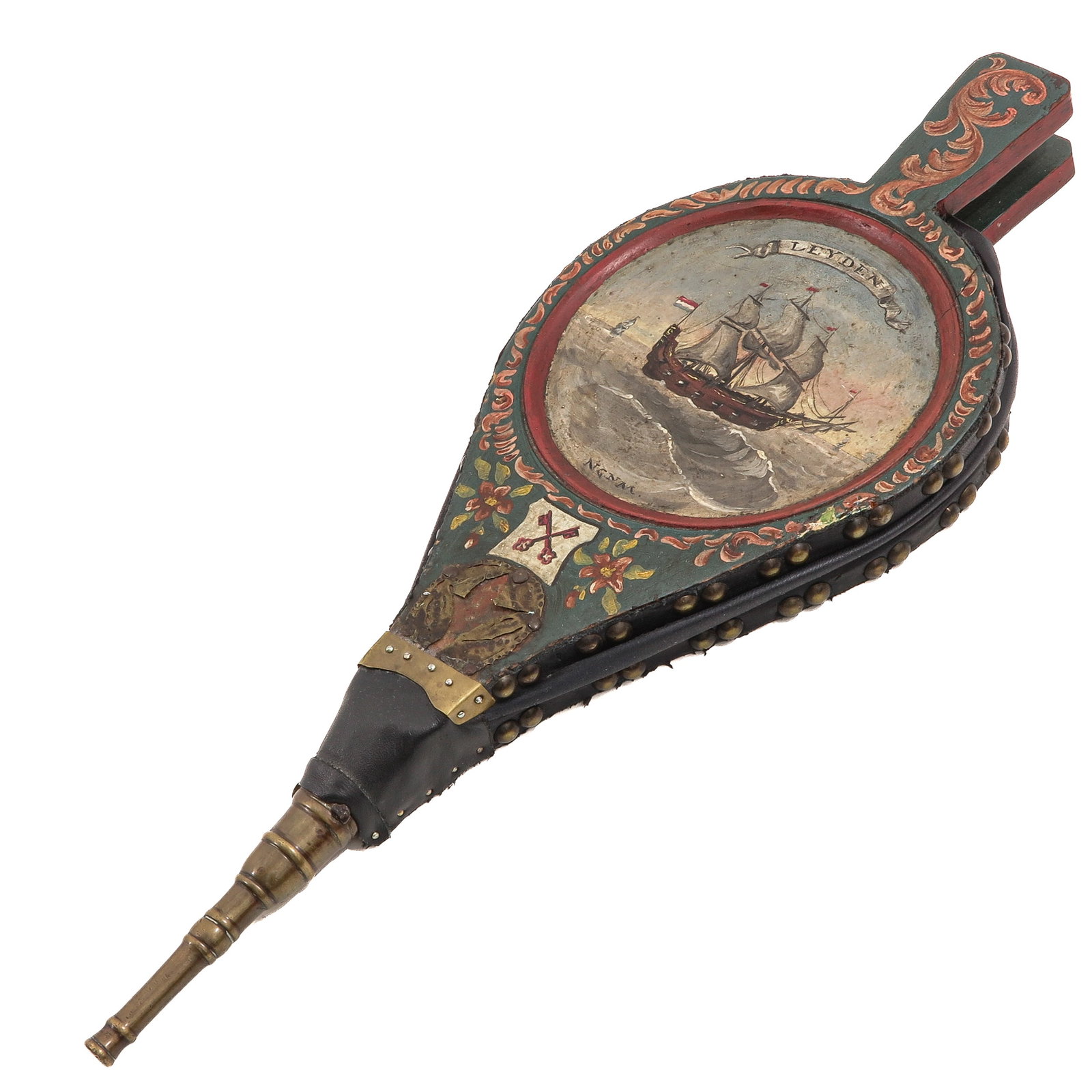 A Bellows: decorated with a maritime depiction of a sailing ship and fitted with brass mounts, length 50 cm.