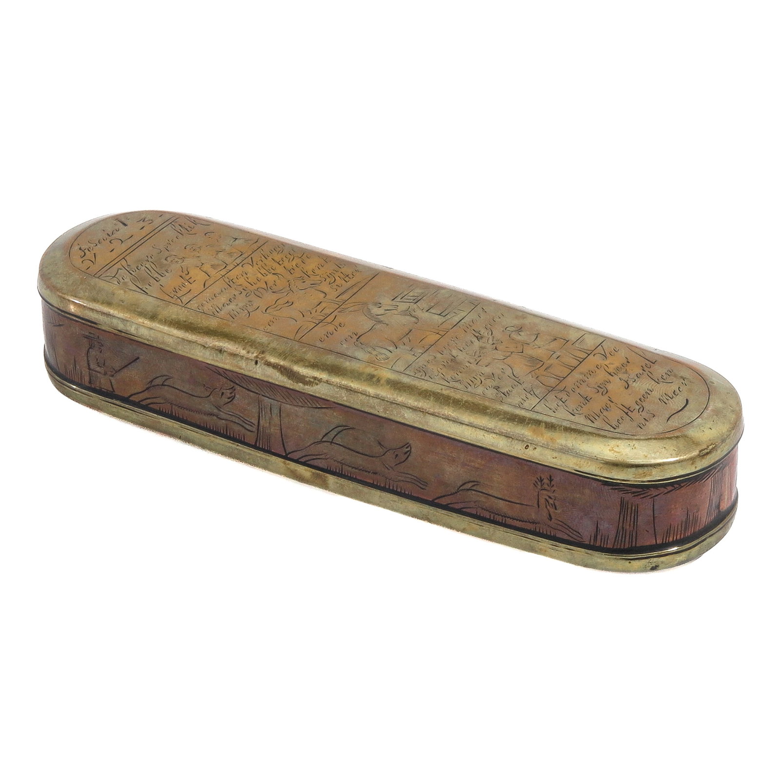 A Tobacco Box: copper, 18th century, with engraved text and depictions, length 16 cm.