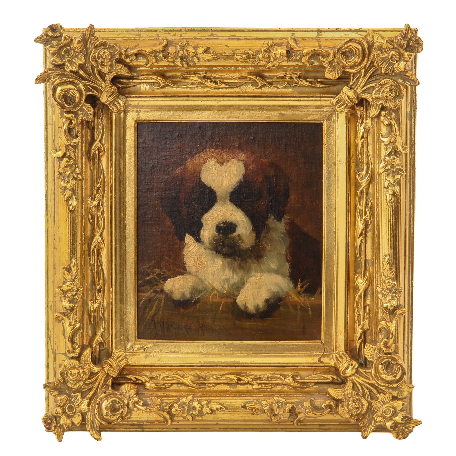 An Oil on Panel Painting: oil on panel, depicting a dog, in gilt frame, signed J. Veringa, 18 x 21 cm.