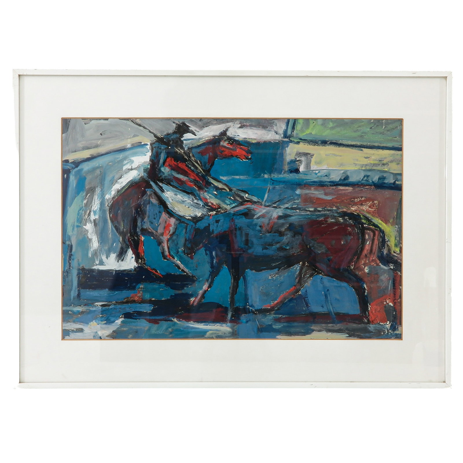 A Mixed Media on Paper: mixed media on paper, framed behind glass, signed Jan Jonges (1921-1976), depicting a rider on horseback and a bull, 51 x 33 cm.