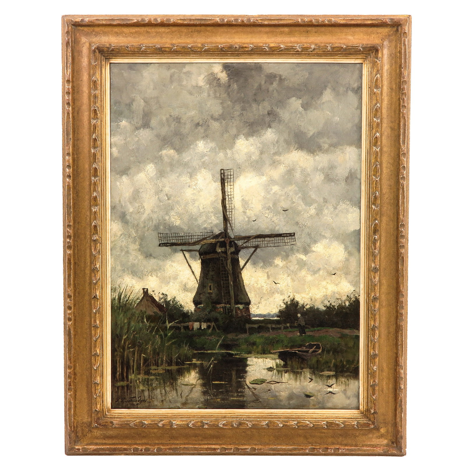 An Oil on Canvas Painting: oil on canvas, signed P.P. Schiedges, depicting a Dutch landscape with windmill, 62 x 85 cm.