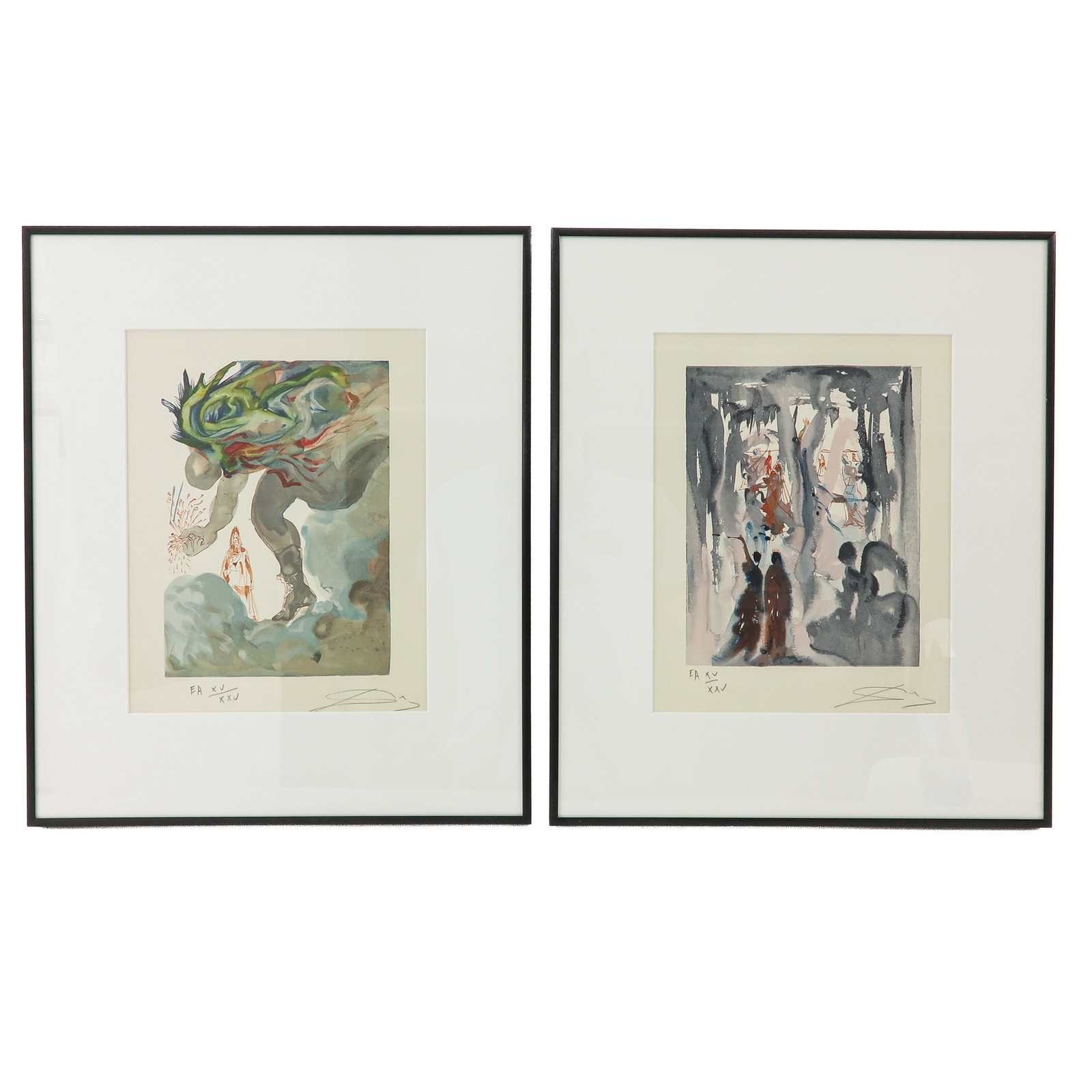 A Lot of 2 Woodcuts by Salvador Dali: consisting of 2 woodcuts by Salvador Dal?, both signed and numbered EA XV/XXV, including The Giants, Inferno 31, 24 x 31 cm.