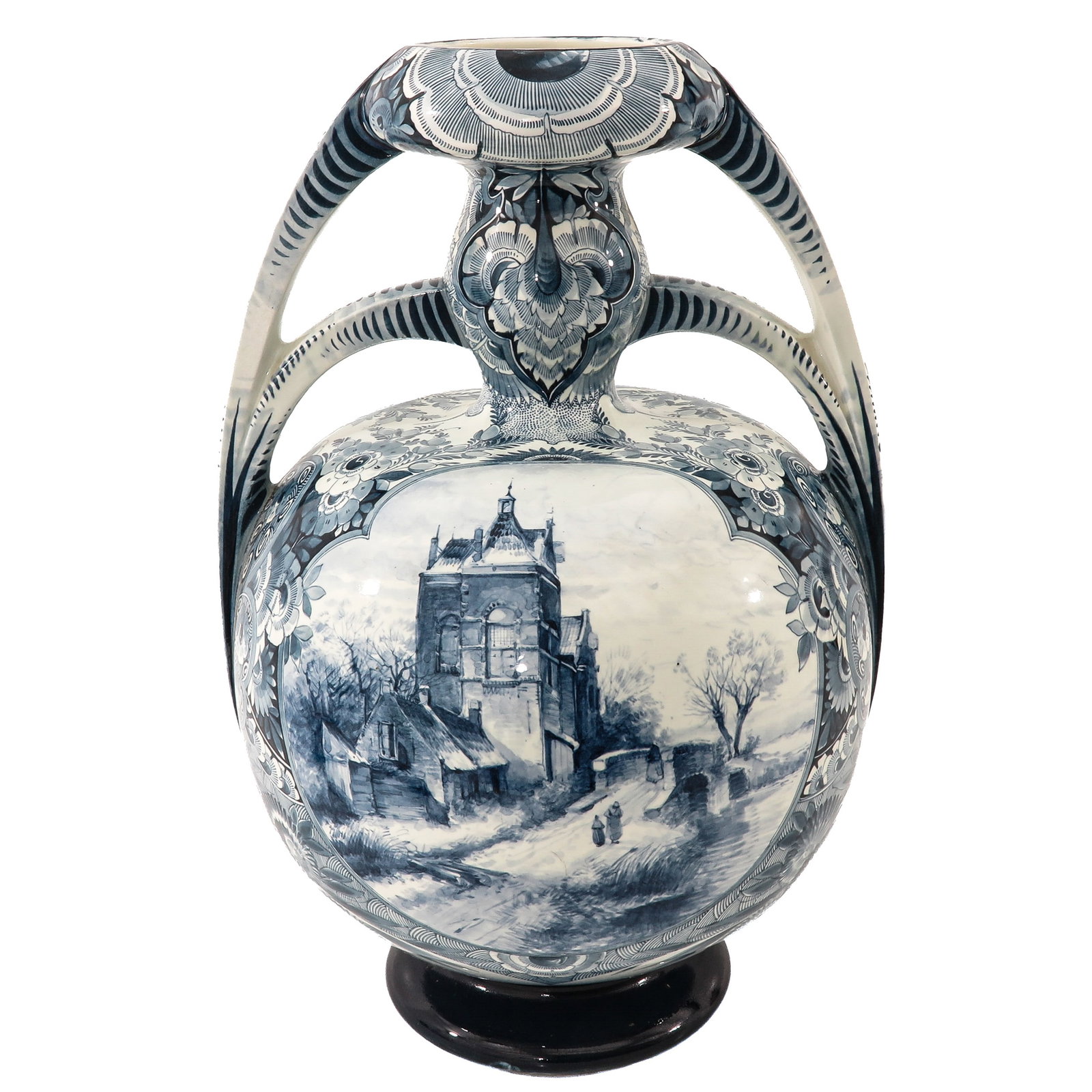 A Vase: model Rebekka, Maastricht, design Breetvelt, with double handles, decorated with a depiction of a winter cityscape within a floral border, height 63 cm.