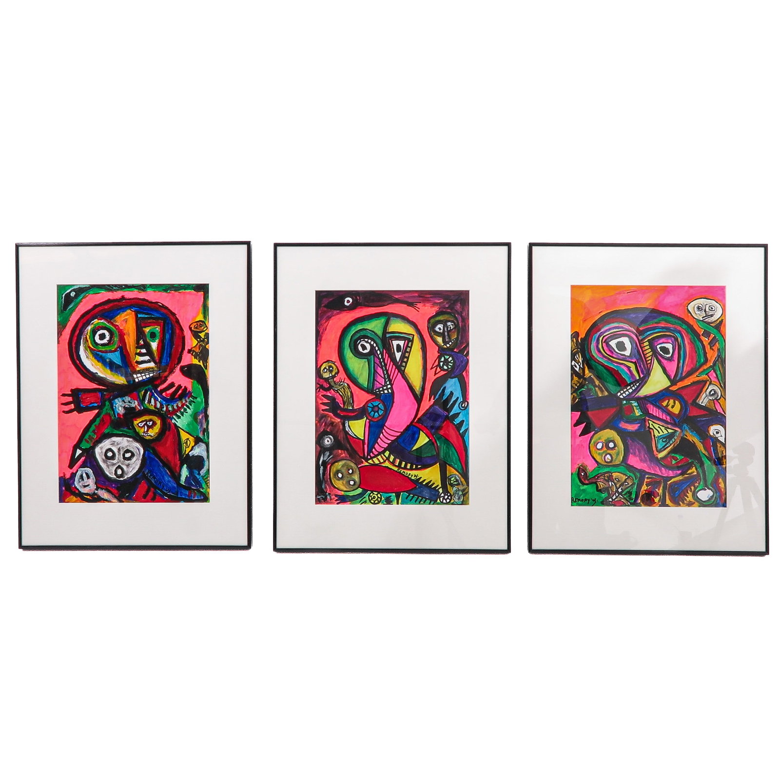 A Lot of Mixed Media Works of Art: consisting of 3 mixed media works on paper with colourful abstract-figurative depictions, William Remory (1958-2024), 30 x 43 cm.