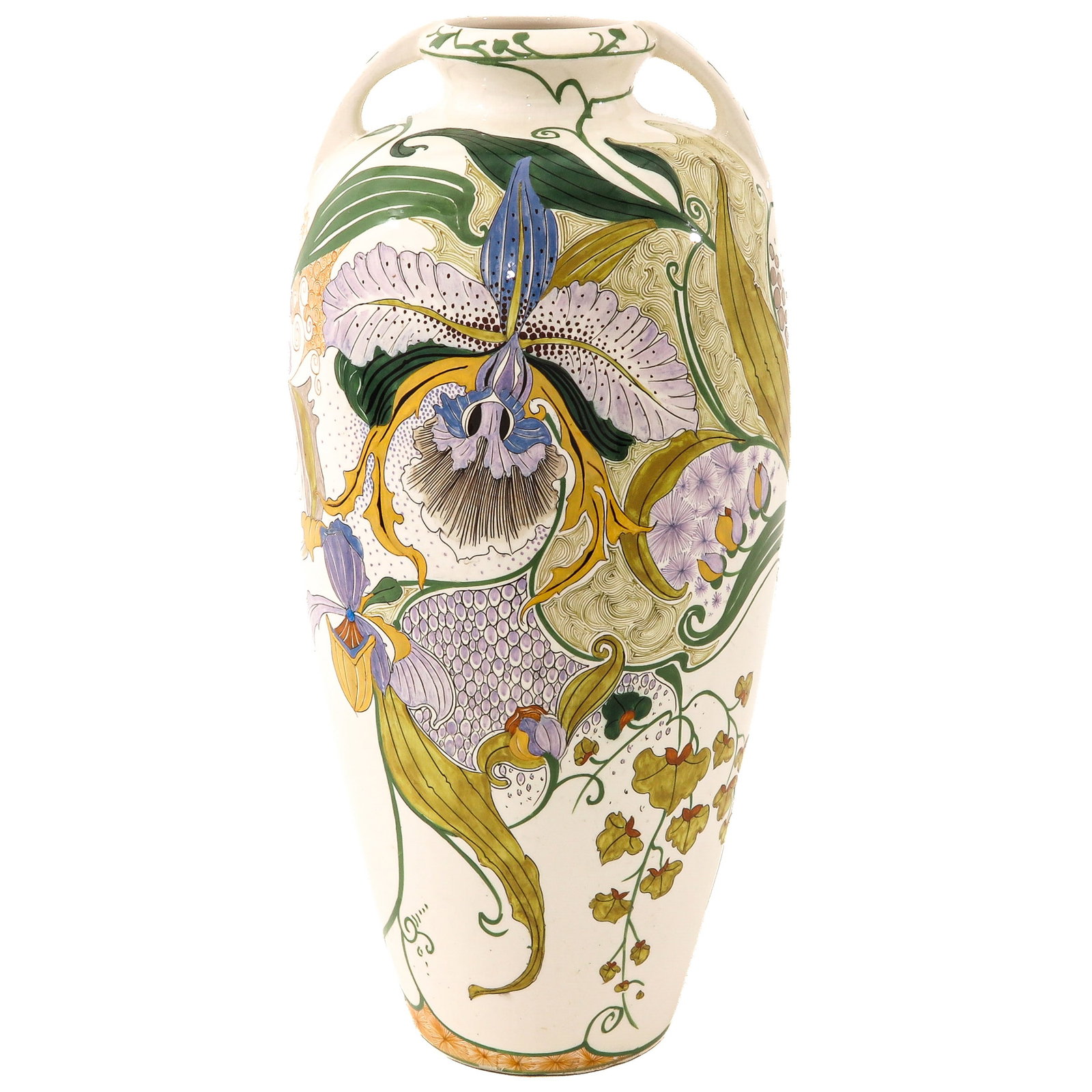 A Zuid Holland Vase: Gouda, Zuid-Holland, richly decorated with stylized floral motifs, height 53 cm.