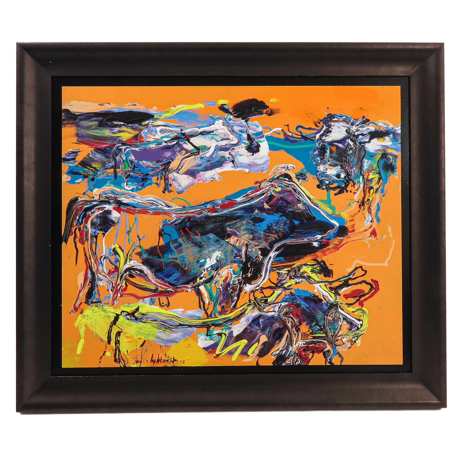 A Jan van Lokhorst Painting: acrylic paint on panel, colourful abstract depiction, signed Jan van Lokhorst (1954), 68 x 56 cm.