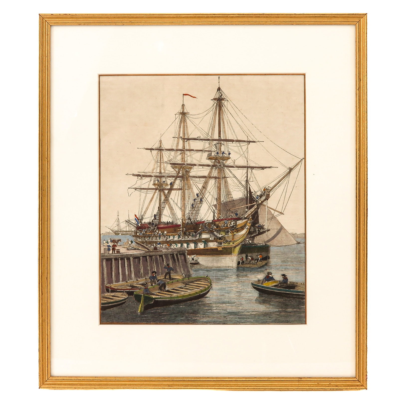 An Engraving: E. Duncan, depicting sailing ships in a harbour, 24 x 29 cm.