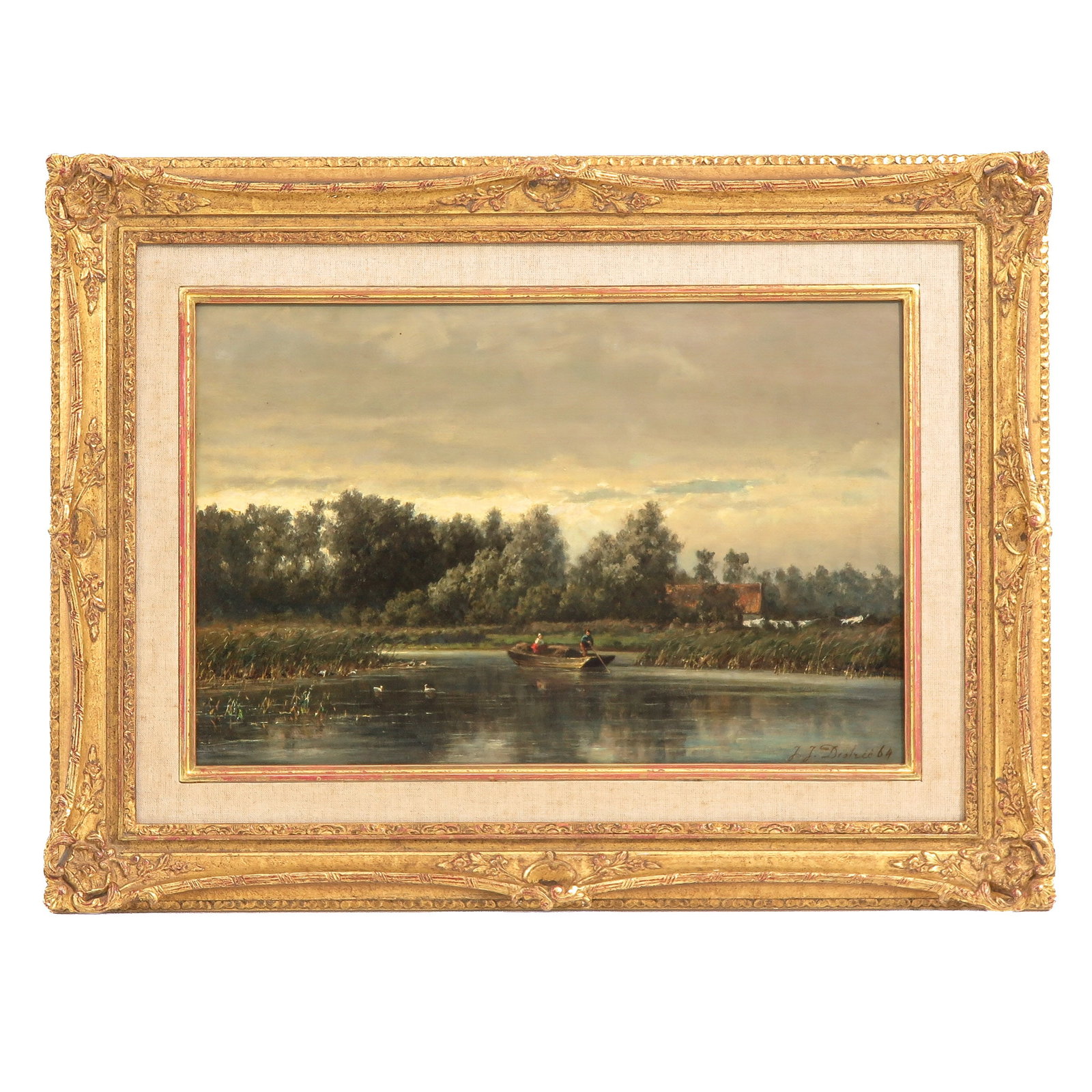 An Oil on Panel Painting: oil on panel, signed J.J. Destree, depicting figures in a rowing boat on a river, in gilt frame, 44 x 29 cm.