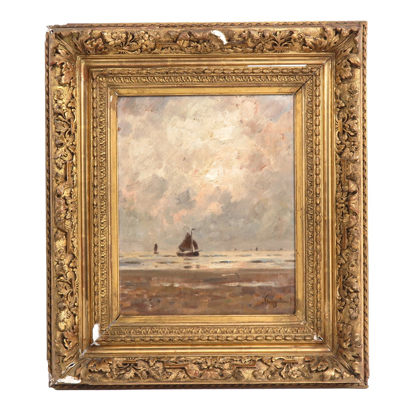 An Oil on Panel Painting: Oil on panel, signed Stengelin, depicting sailing boats at sea under a cloudy sky, in gilt frame, 27 x 34 cm.