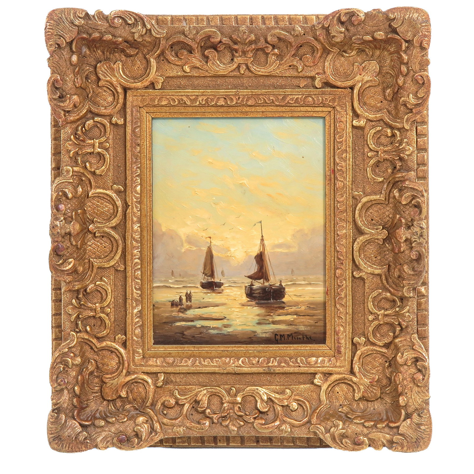 An Oil on Panel Painting: oil on panel, signed G.M. Munthe, depicting sailing boats, in gilt frame, 15 x 21 cm.