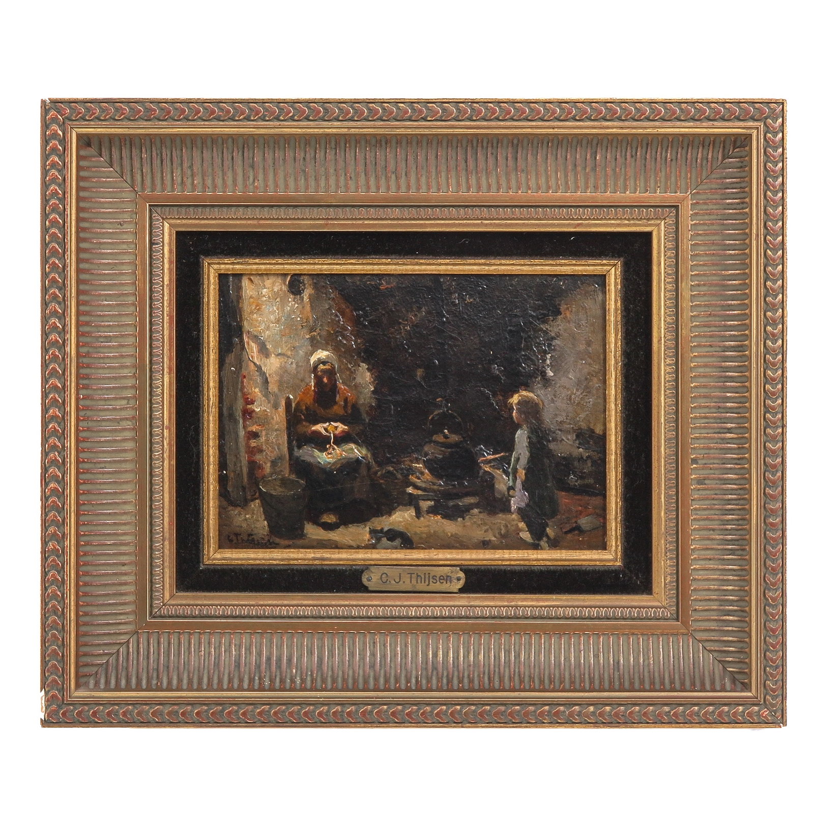 An Oil on Panel Painting: Oil on panel, signed O.J. Thijsen, depicting a woman and child in an interior, 18 x 13 cm.