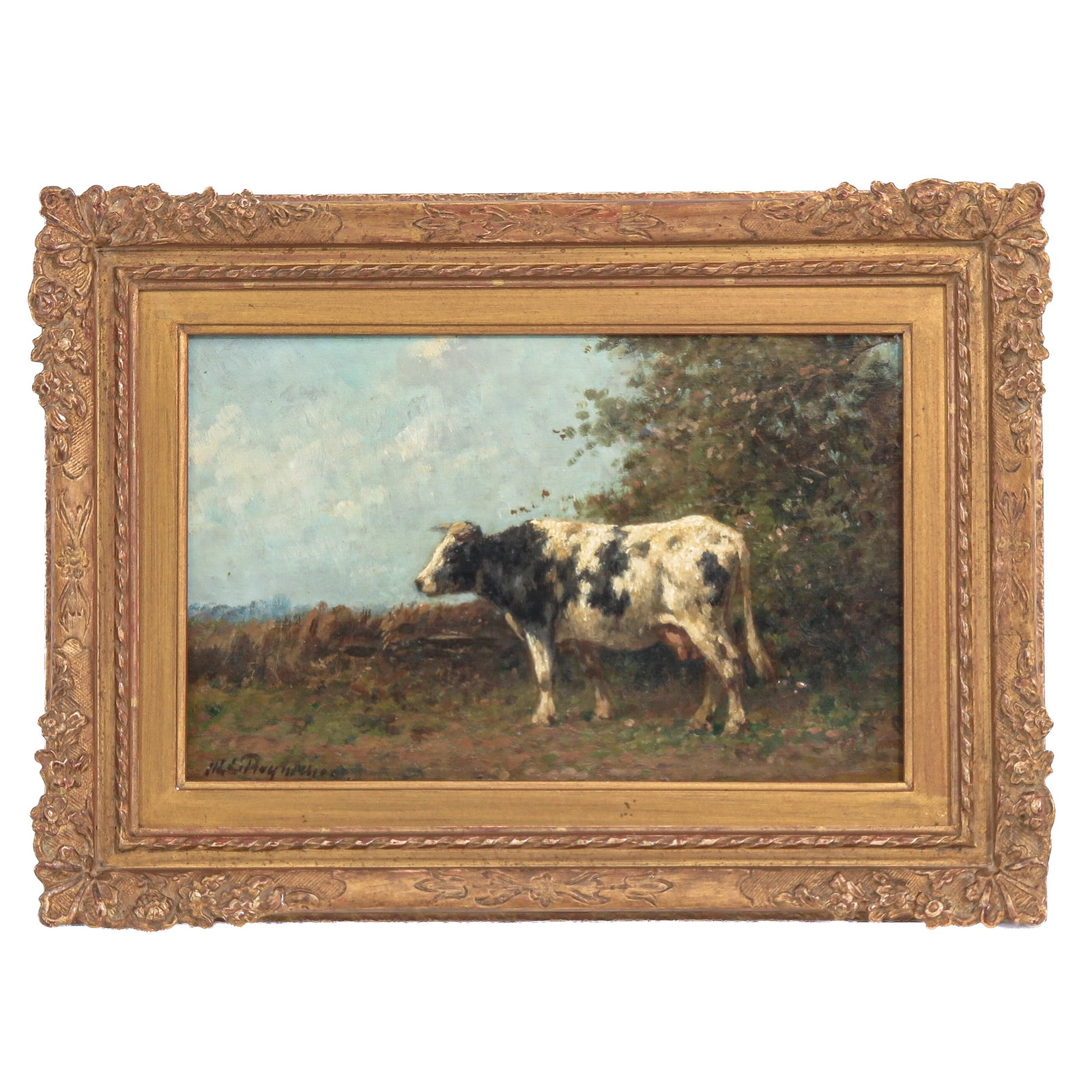 An Oil on Panel Painting: oil on panel, illegibly signed, depicting a cow in a landscape, in gilt frame, 25 x 16 cm.