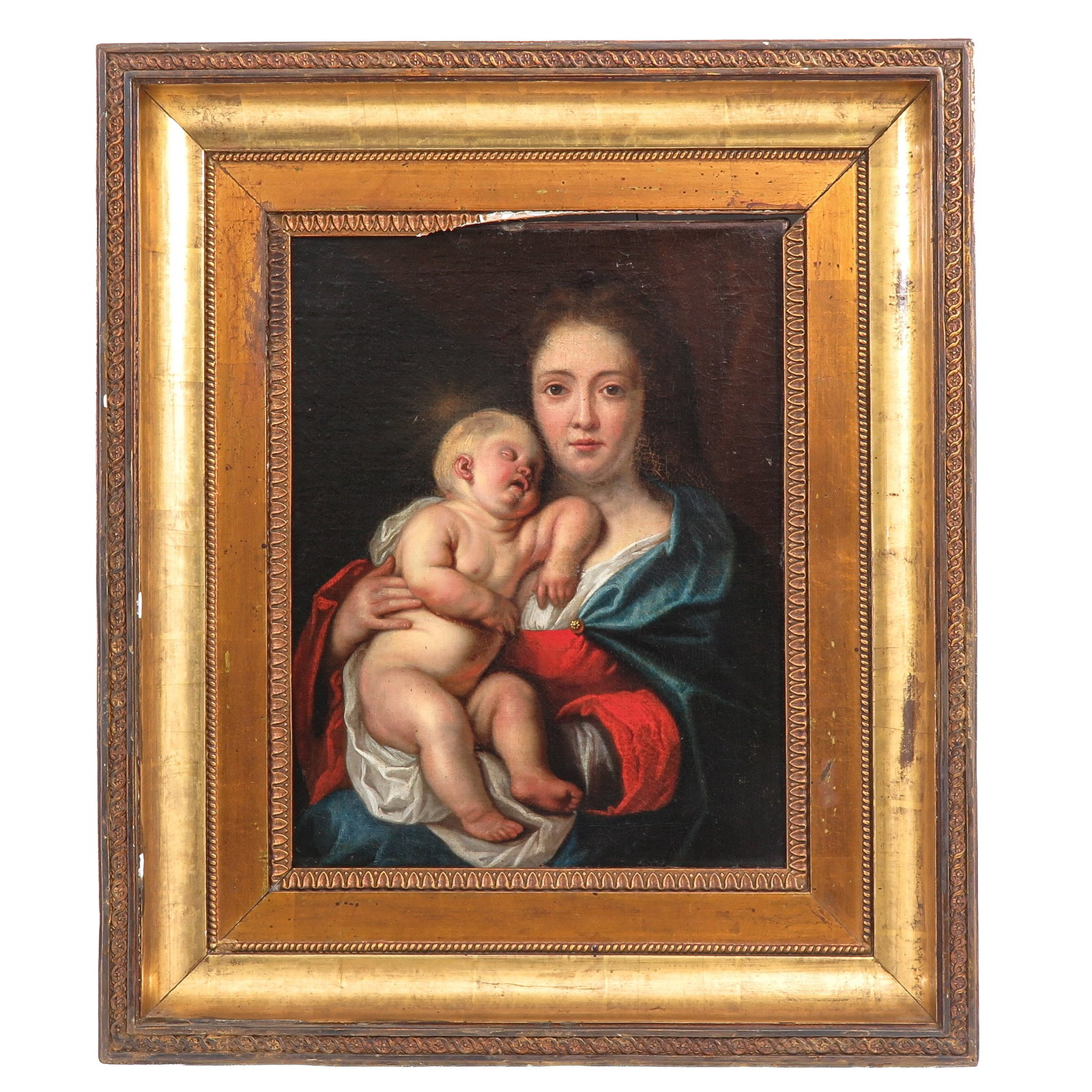 An Oil on Canvas Painting: oil on canvas, depiction of Madonna and Child, in gilt frame, 31 x 39 cm.