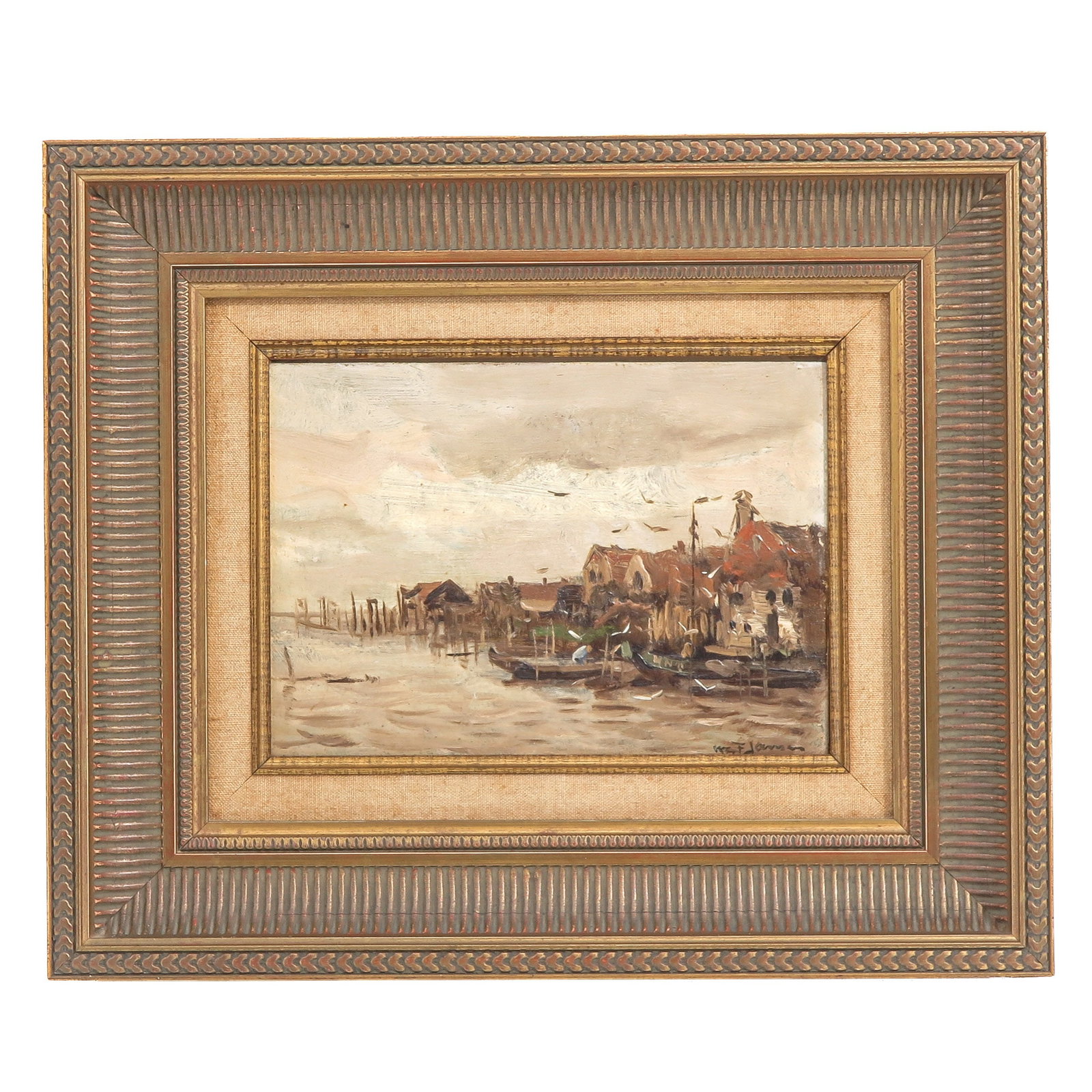 An Oil on Board Painting: oil on board, depicting a harbour view with boats and buildings, 21 x 15 cm.
