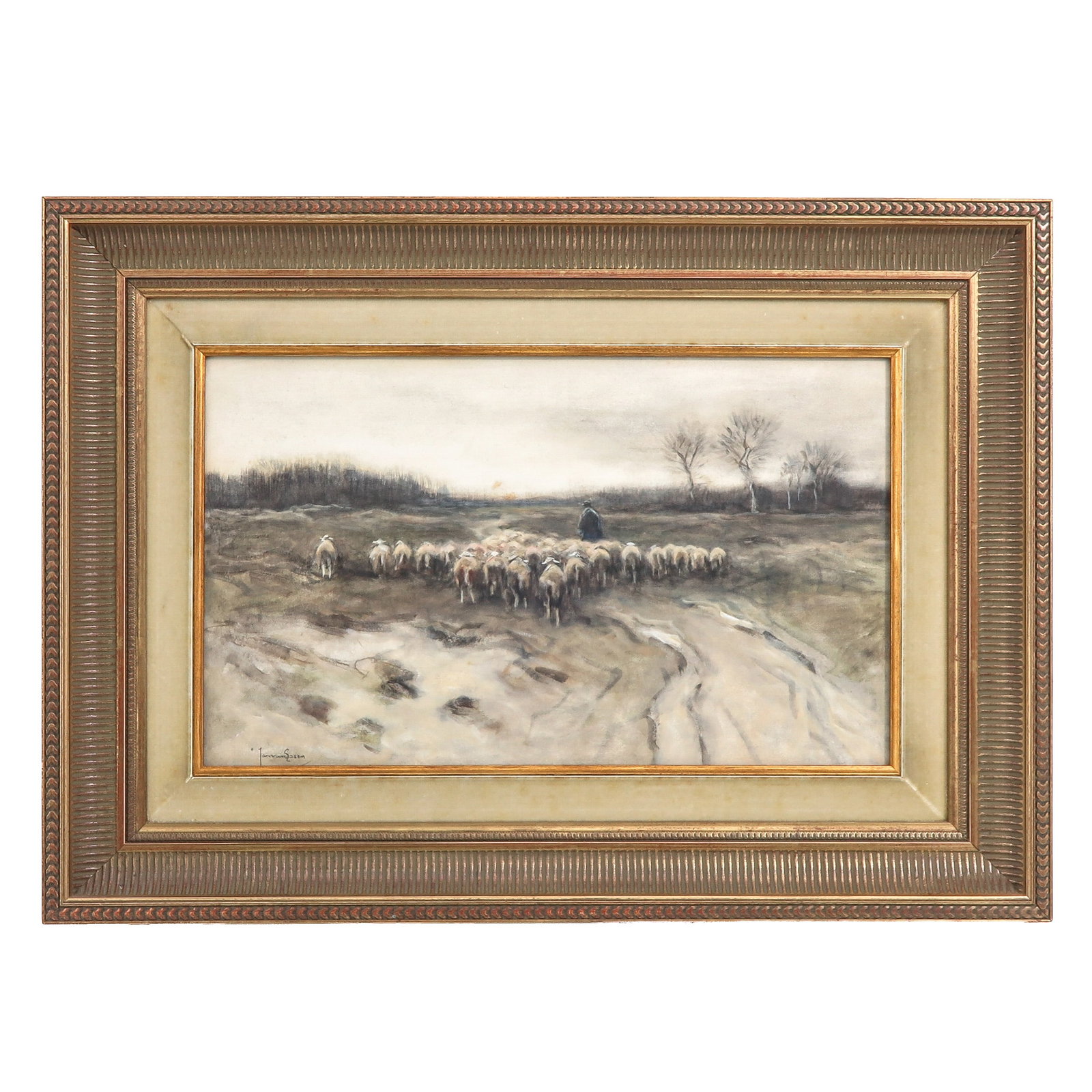 A Water Color: signed Jan van Essen, depicting a shepherd with flock of sheep in a landscape, 42 x 25 cm.