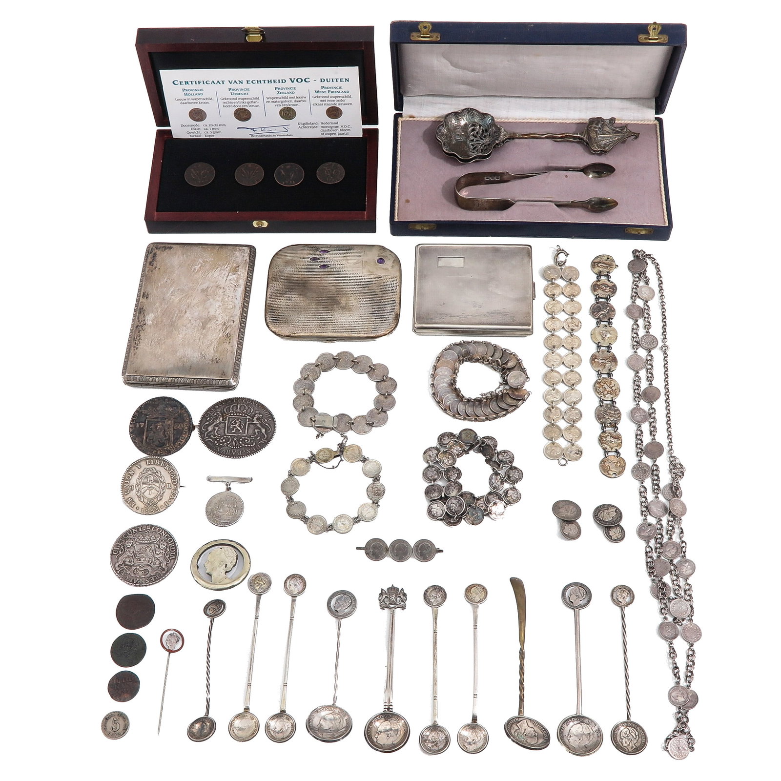 A Diverse Collection of Items: consisting of a collection of coins, jewellery and utensils, including silver rider, 1769