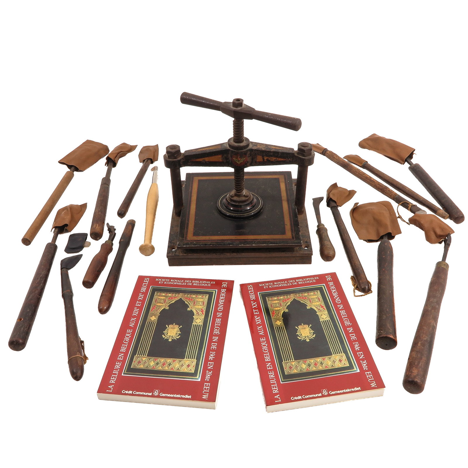 A Collection of Bookbinding Tools: consisting of bookbinding tools, including book press, 34 x 33 x 30 cm.