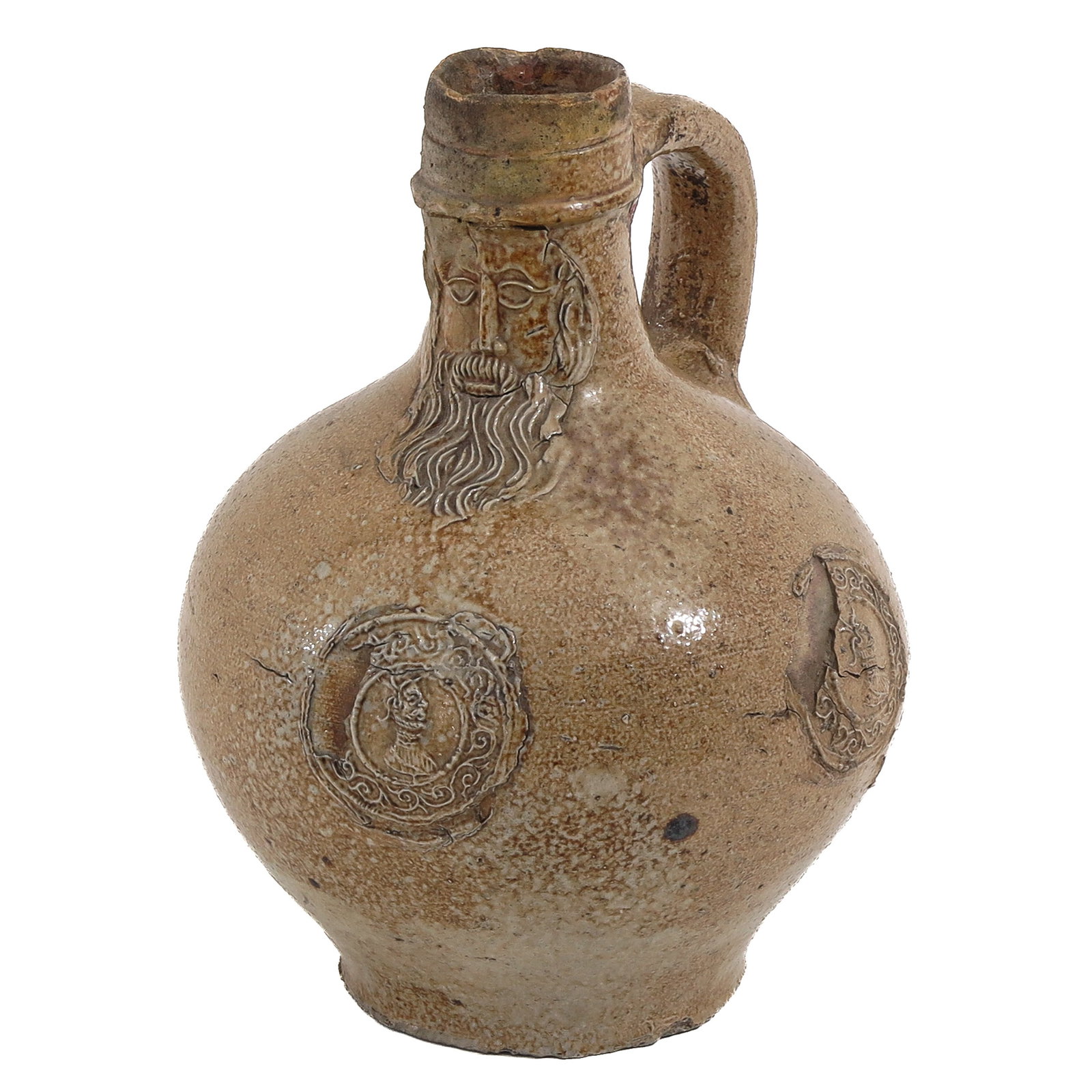 A Jug or Baarmankruik: Raeren, ca. 1700, on the neck fitted with an applied bearded mask and on the body decorated with relief medallions, height 20 cm.