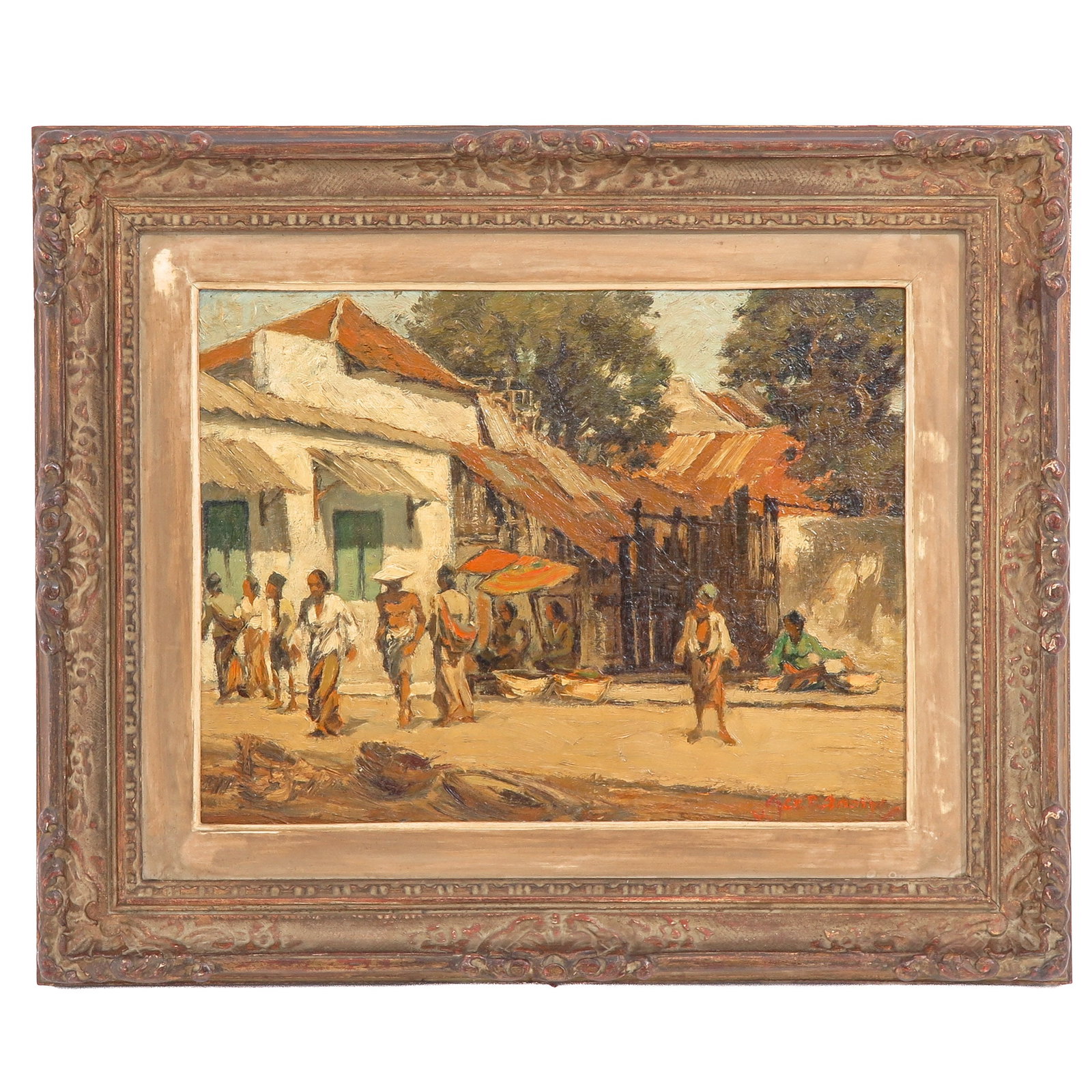 An Oil on Board Painting: oil on board, signed Gerard Pieter Adolfs (1898-1968), depicting a street scene in the Dutch East Indies, 40 x 33 cm.