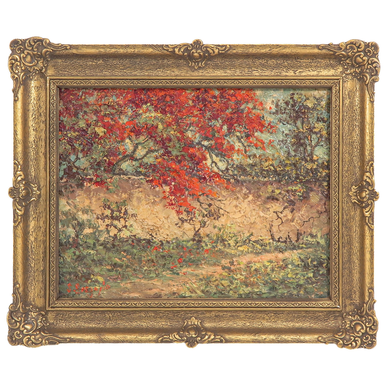 An Oil on Canvas Painting: oil on canvas, signed, depicting an Indonesian landscape with flowering tree, 45 x 35 cm.
