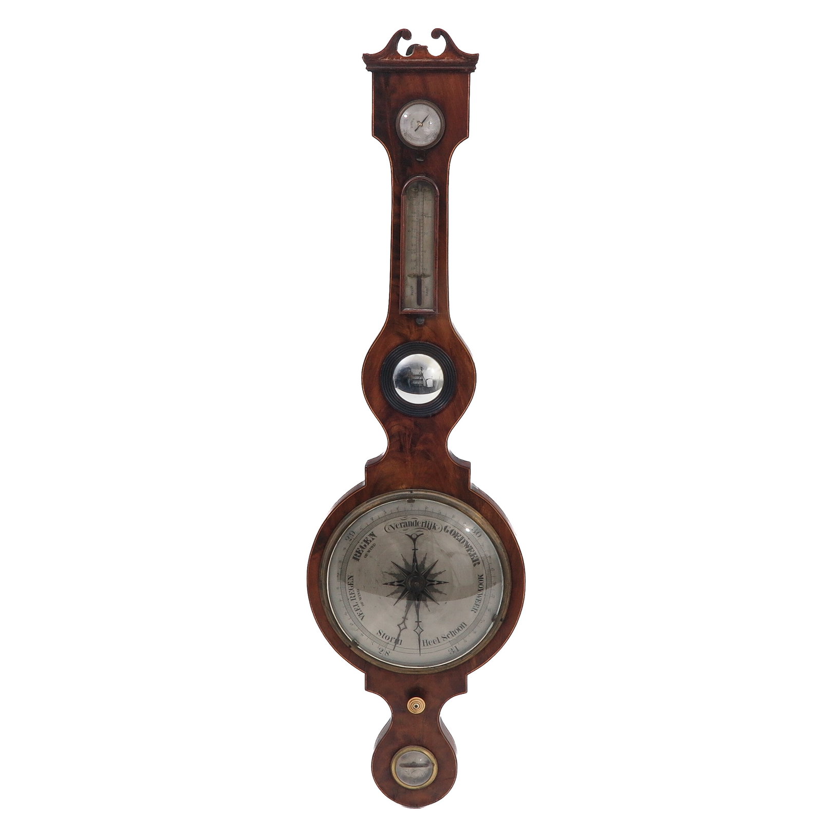 A Banjo Barometer: Holland, in mahogany case, fitted with a barometer, thermometer, hygrometer and spirit level, height 108 cm.