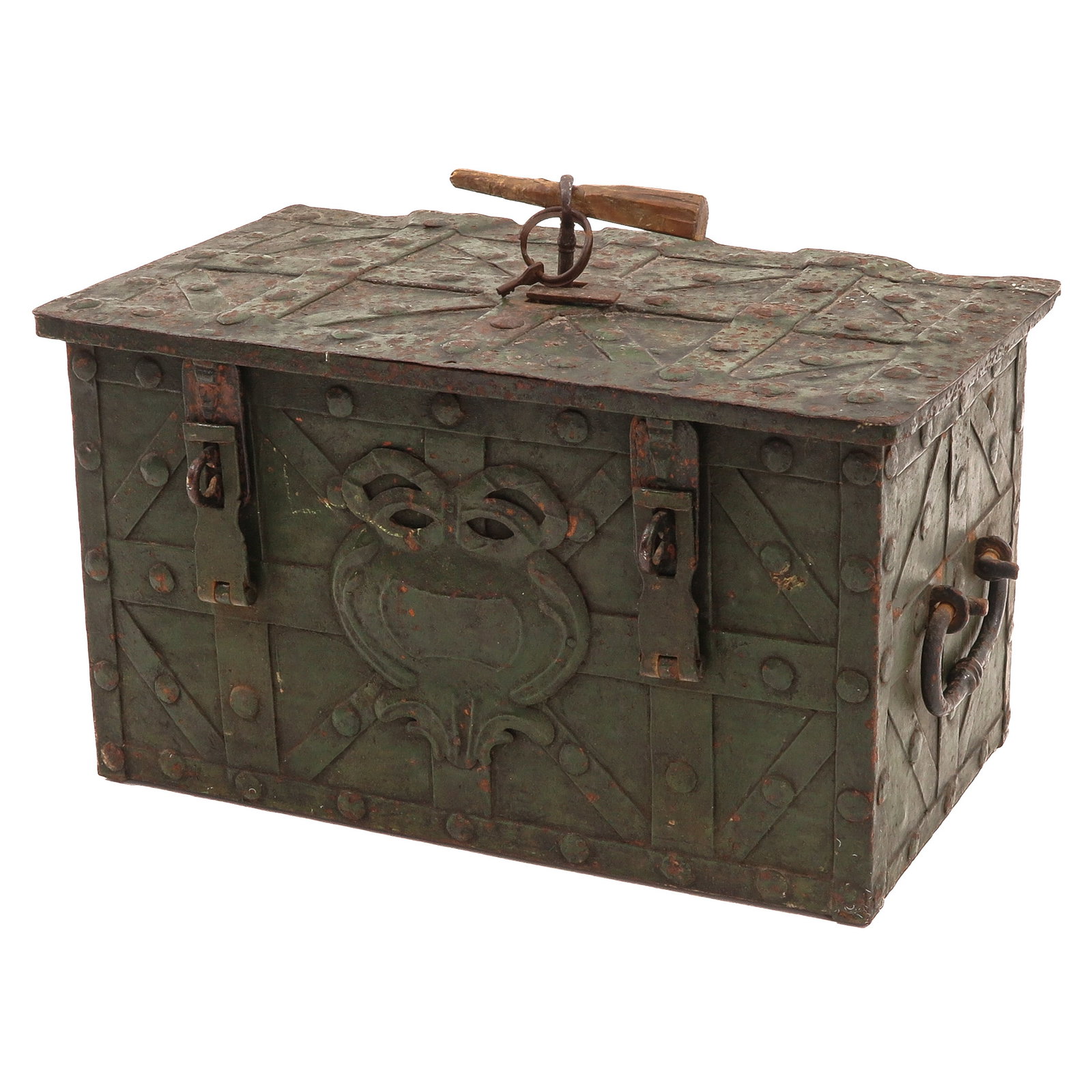 A Money Chest: wrought iron, with side handles and iron lock plate, 48 x 27 x 27 cm., provenance de Beemd in Hoogblokland