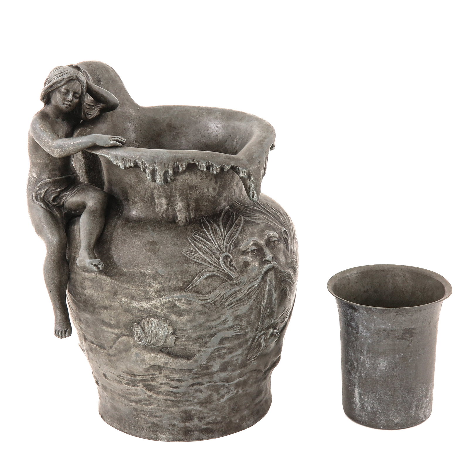 An Art Nouveau Pewter Jug: Art Nouveau, Reverie, designed by Charles Theodore Perron, signed Ch. Perron, pewter, with a seated female figure on the rim, fitted with loose inner container, height 19 cm.