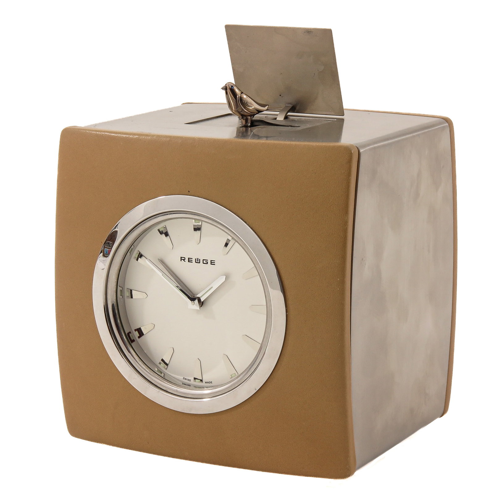 A Musical Alarm Clock: Reuge Bird, with singing bird, Swiss, lid with mechanical automaton in the form of a bird, 12 x 11 x 12 cm.