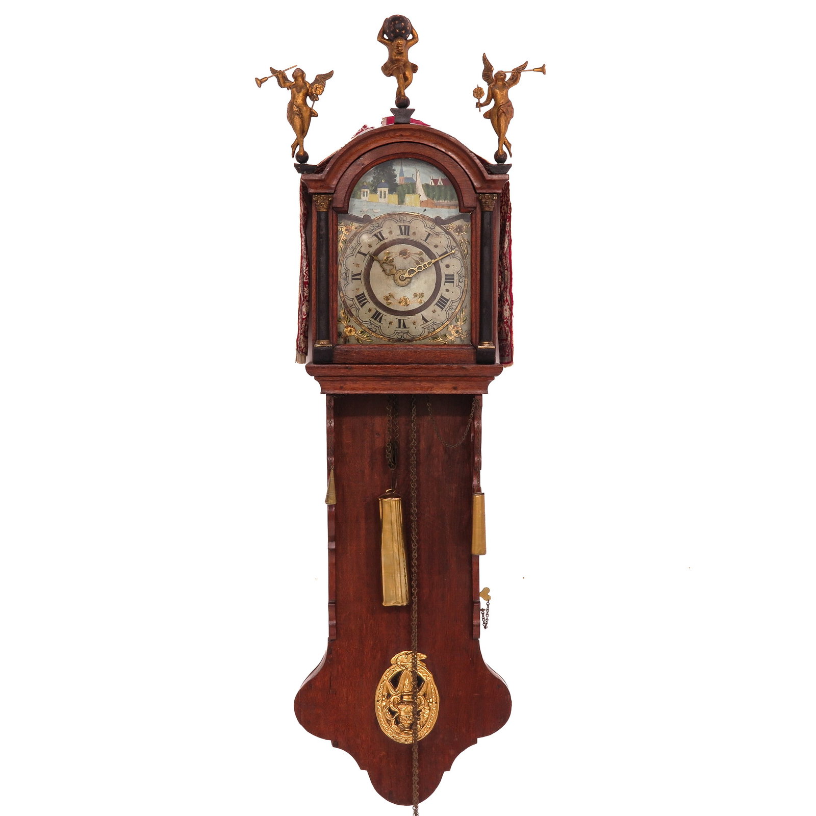 A Dutch Wall Clock or Kantoortje: Friesland, 19th century, with painted lunette with a church in a landscape, height 115 cm.