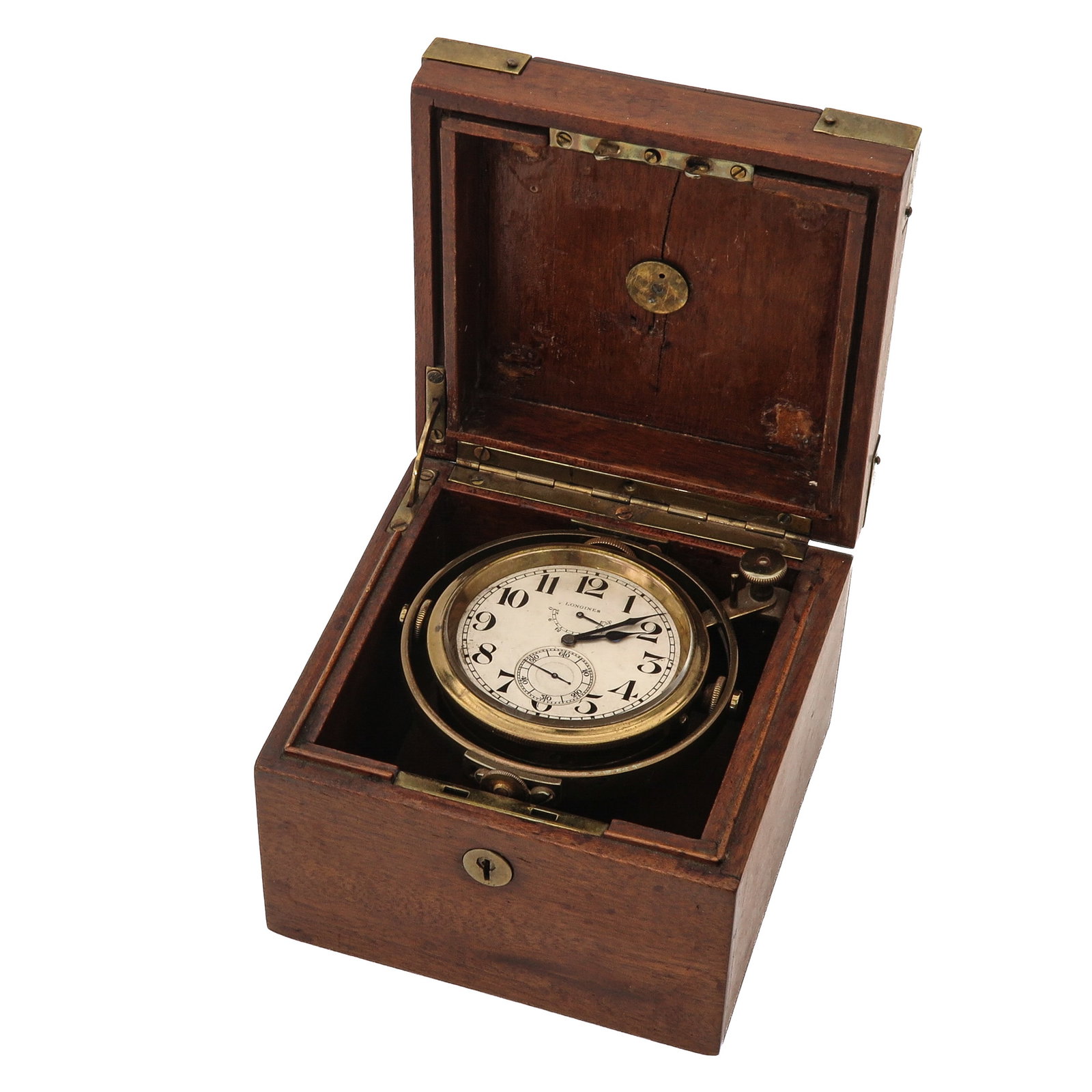 A Marine Chronometer: Longines, in mahogany box, 12 x 9 x 12 cm.