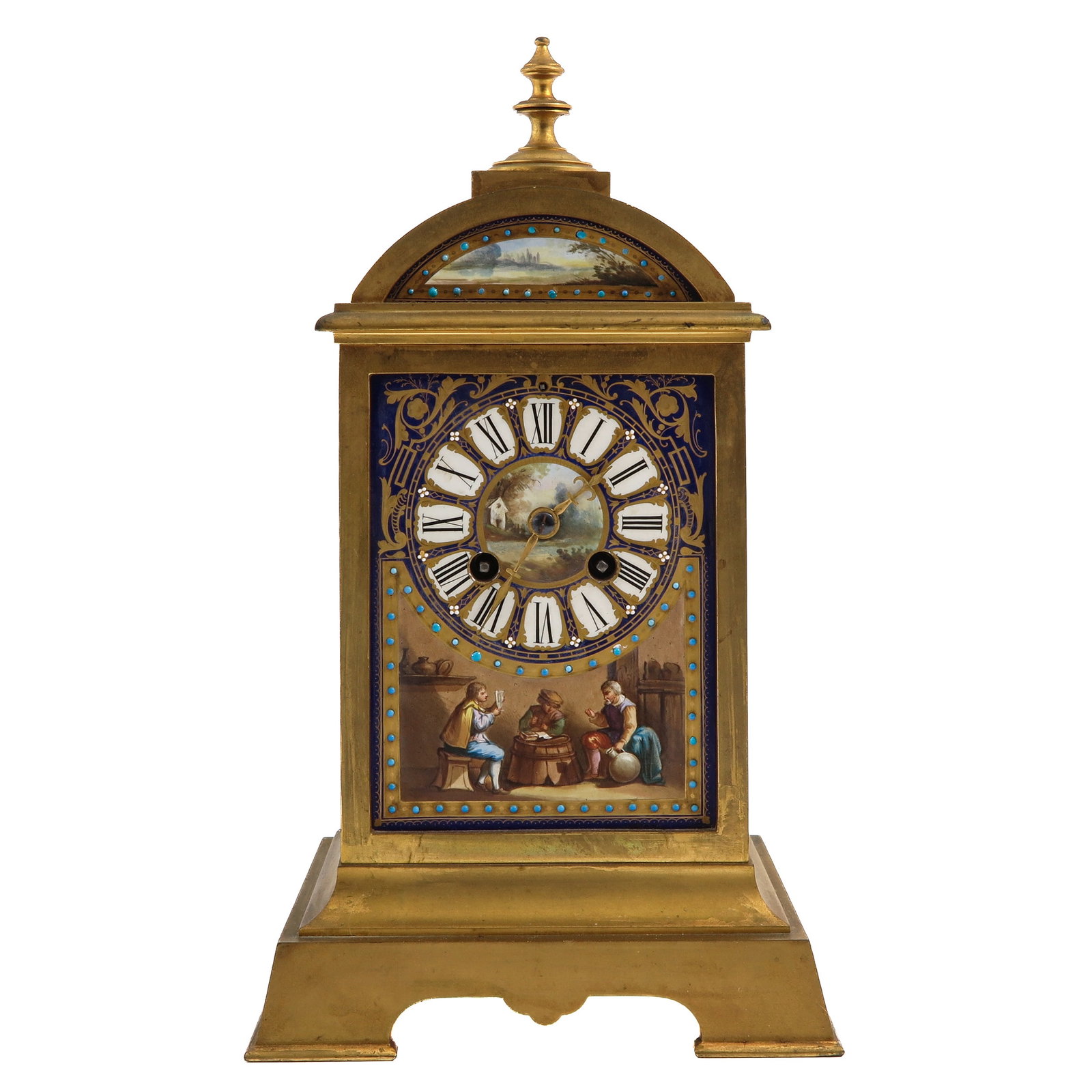 A Mantel Clock: France, Paris, 2nd half 19th century, gilt bronze case with polychrome painted porcelain plaques, height 32 cm.