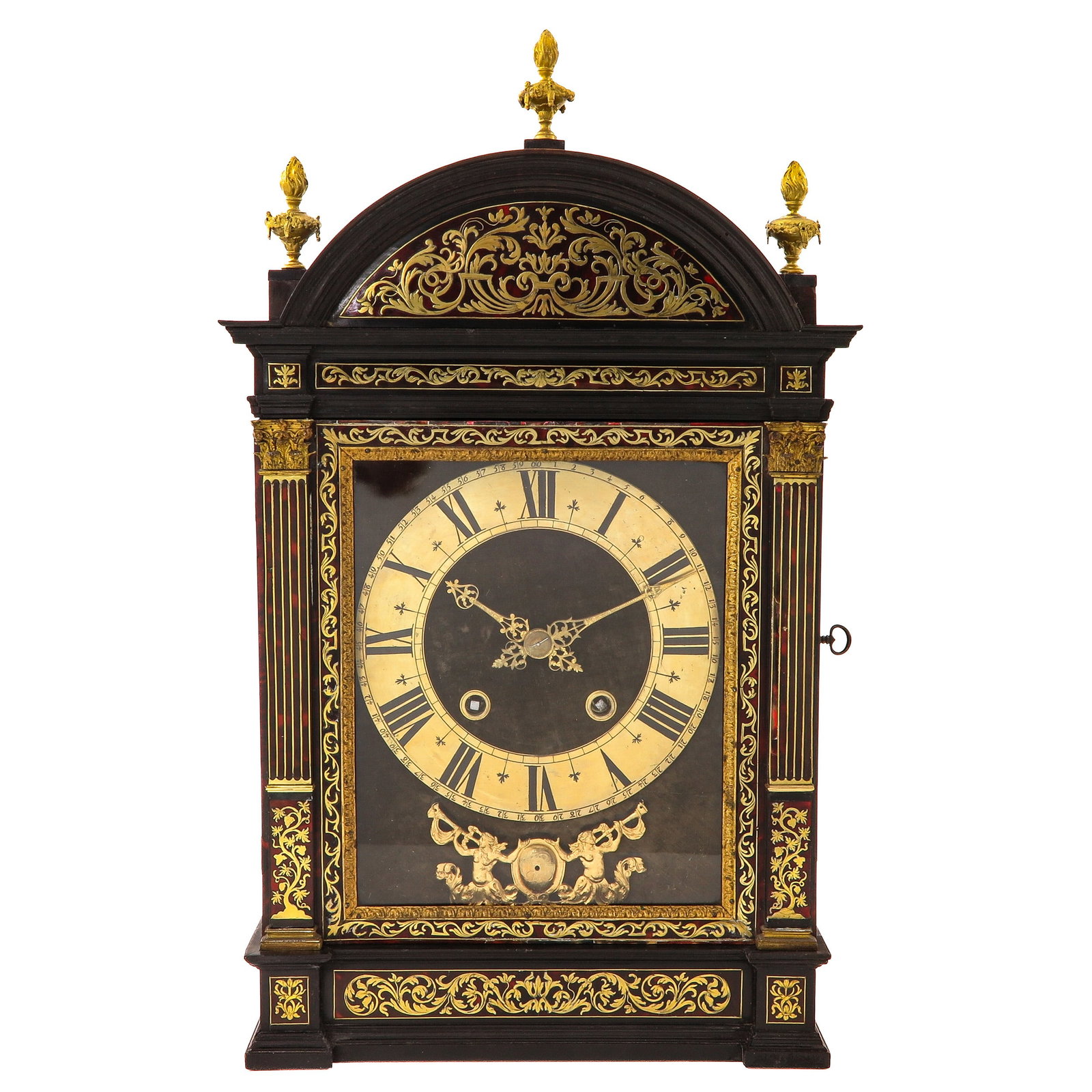 A Console Clock: Louis XIV, ca. 1700, movement signed Talon ? Paris, fitted with a verge escapement, executed with Boulle marquetry, with gilt bronze mounts, 36 x 54 x 15 cm.