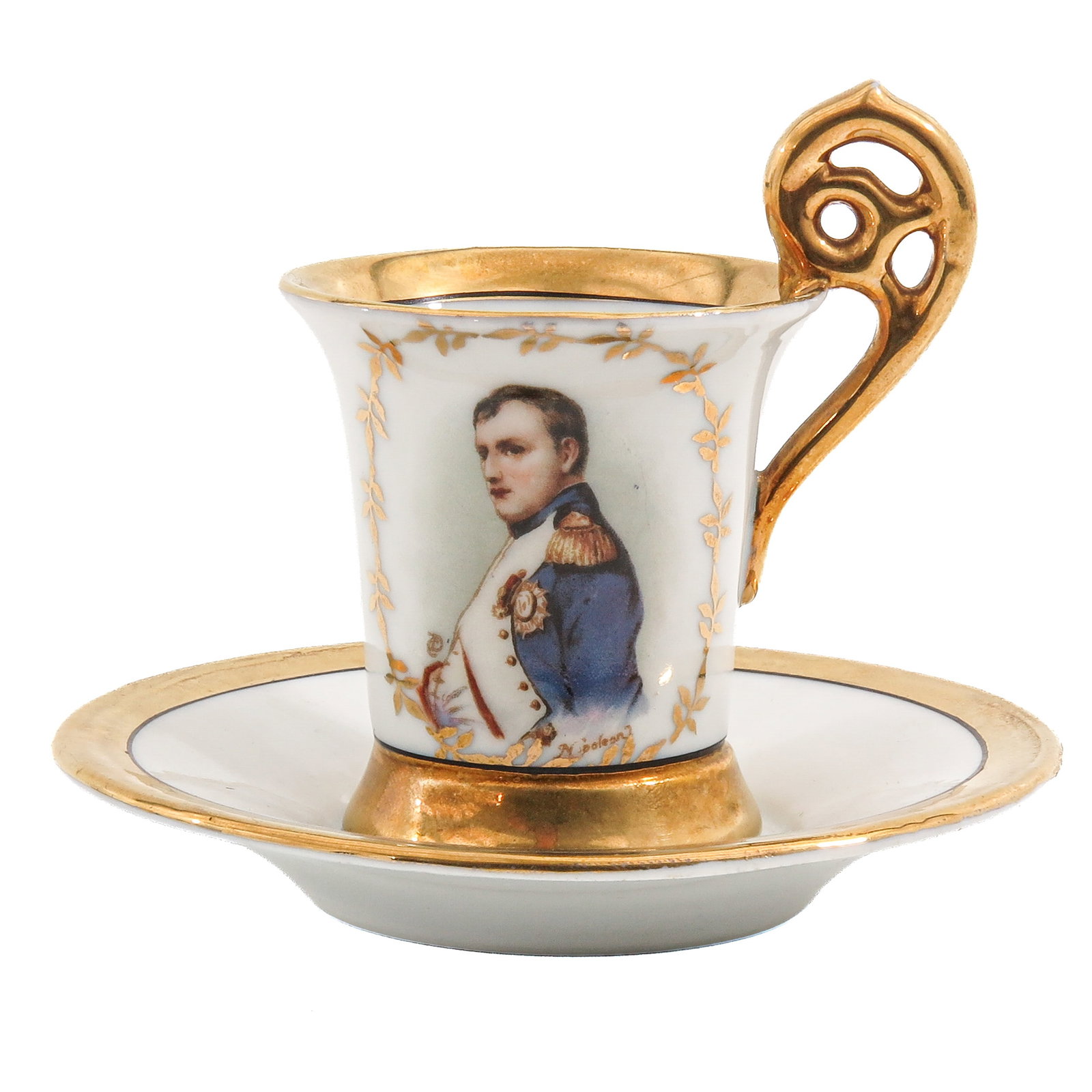 A Cup and Saucer: porcelain, with gilt details, decorated with a portrait of Napoleon Bonaparte and fitted with an elegant openwork handle, diameter saucer 9 cm.