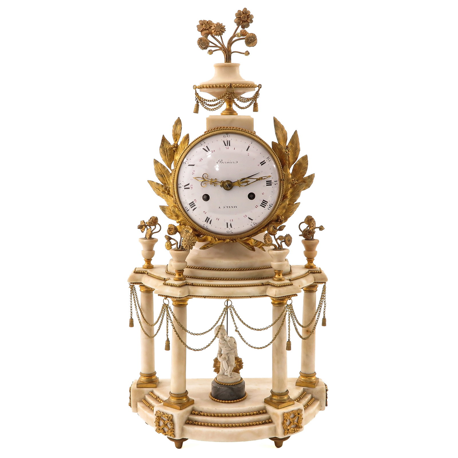 A Mantel Clock: Louis XVI, white marble and gilt bronze, signed Bernier ? Stenay, with date indication, enamelled dial with Roman numerals, surmounted by a flower vase, 28 x 59 x 14 cm.