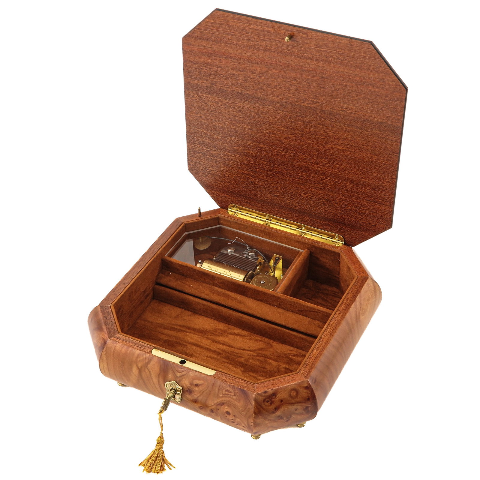 A Music Box: Reuge, the lid with wood inlay of musical instruments and sheet music, Swiss, 21 x 7 x 21 cm.